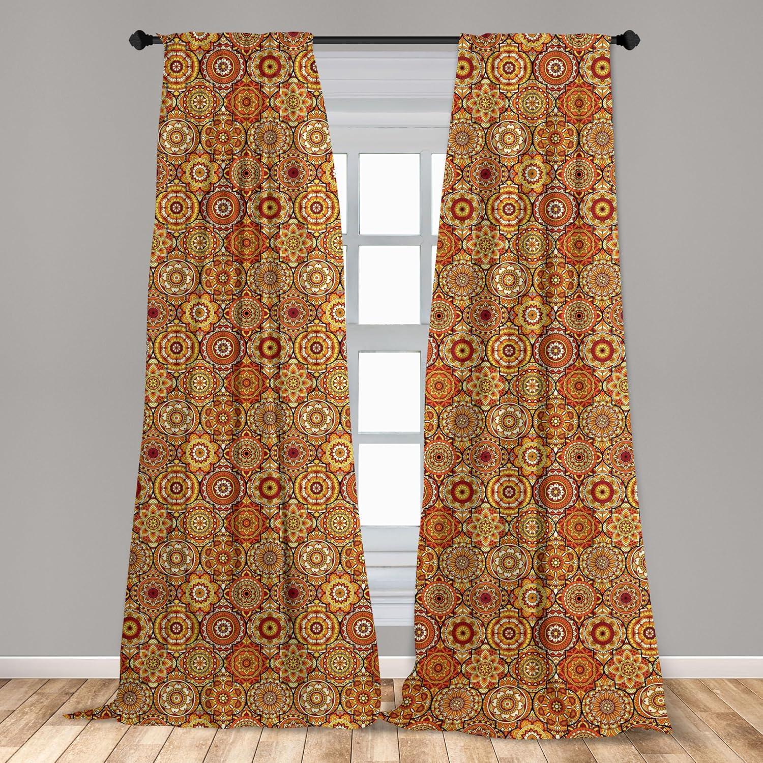 Ambesonne Moroccan Curtains, Floral Motifs Ottoman, Pair of 28"x84", Orange Yellow Brown