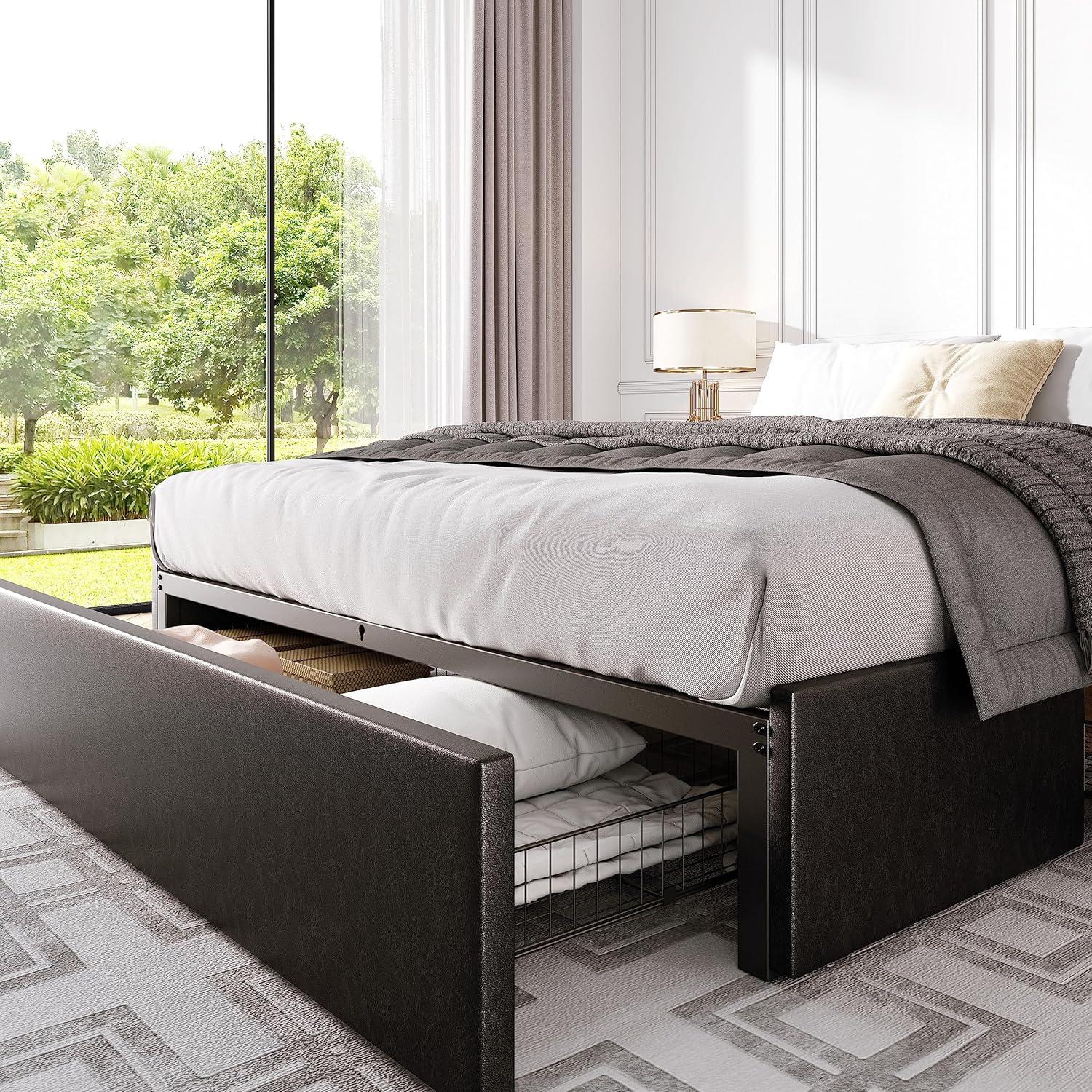Modern Black Faux Leather Queen Bed Frame with Storage Drawers