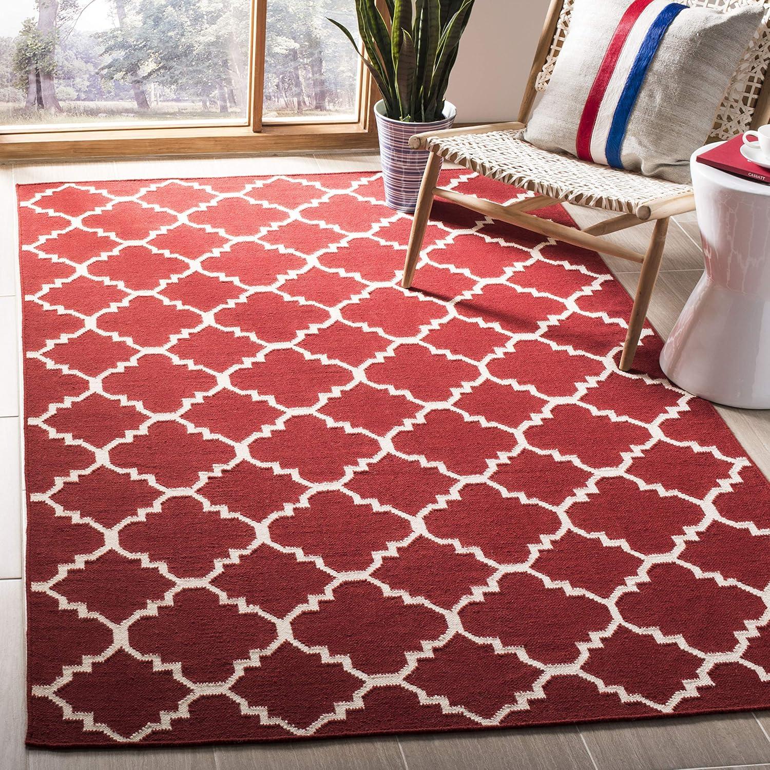 Red and Ivory Geometric Wool 3' x 5' Flatweave Rug