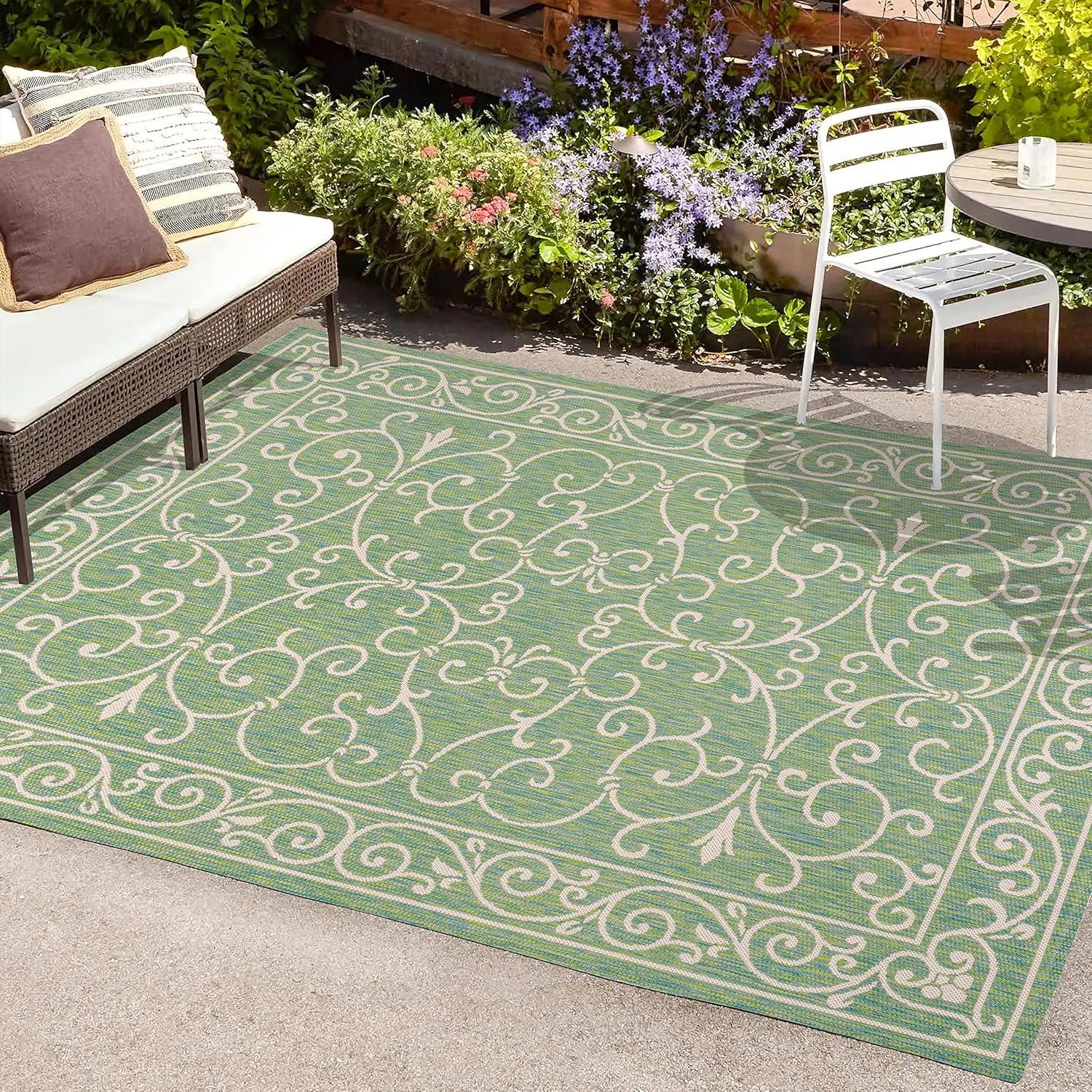 8' x 10' Charleston Vintage Filigree Textured Weave Indoor/Outdoor Area Rug, Green/Ivory - JONATHAN Y