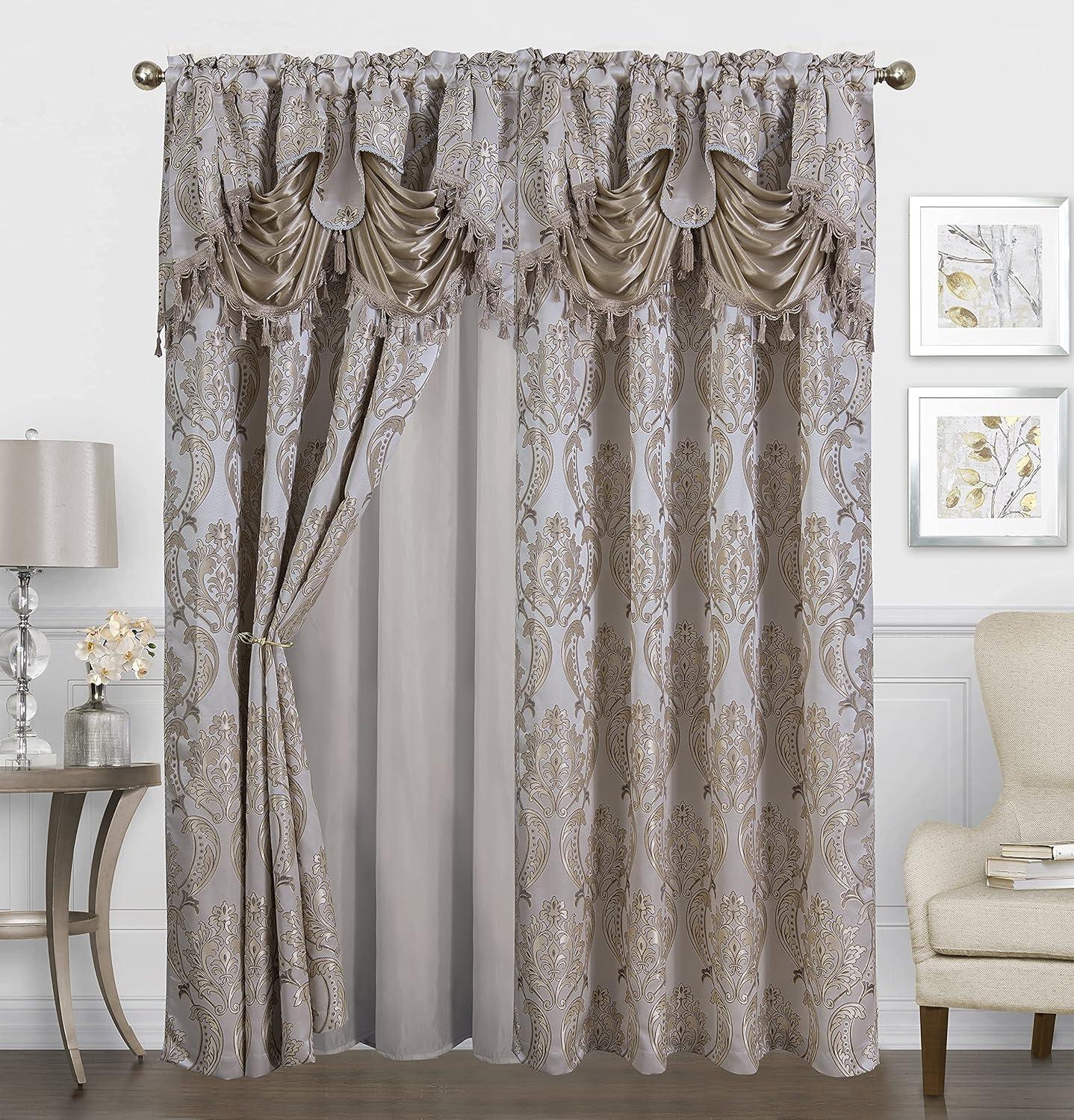 Sapphire Home Traditional Jacquard Taupe Damask Floral Curtains, 54” x 84” (2 Panels)