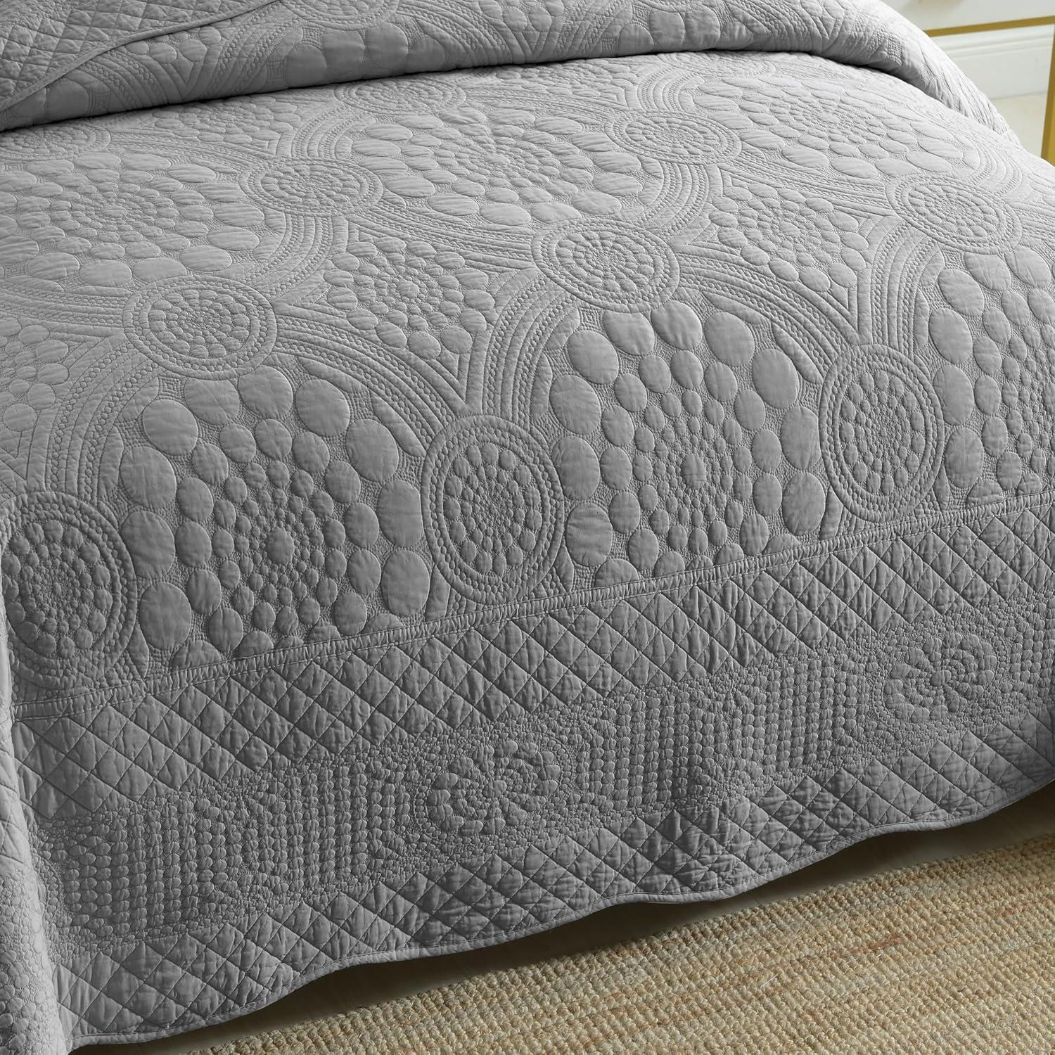 3-Piece 100% Cotton Oversized Bedspread Quilt Set Coverlet Set Farmhouse Bedding Set TF, Light Grey, Queen