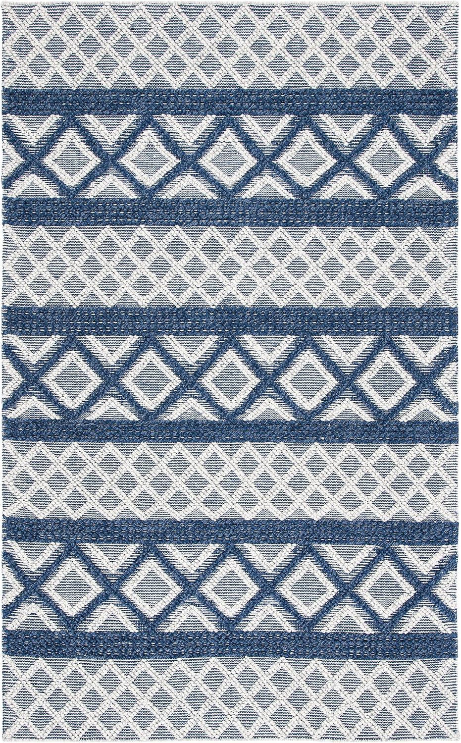 Ivory and Blue Handwoven Wool 6' x 9' Area Rug