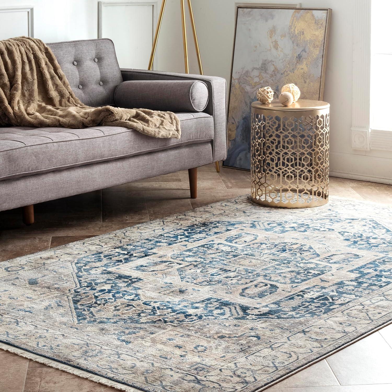 Gray and Blue Medallion Synthetic 4' x 6' Area Rug