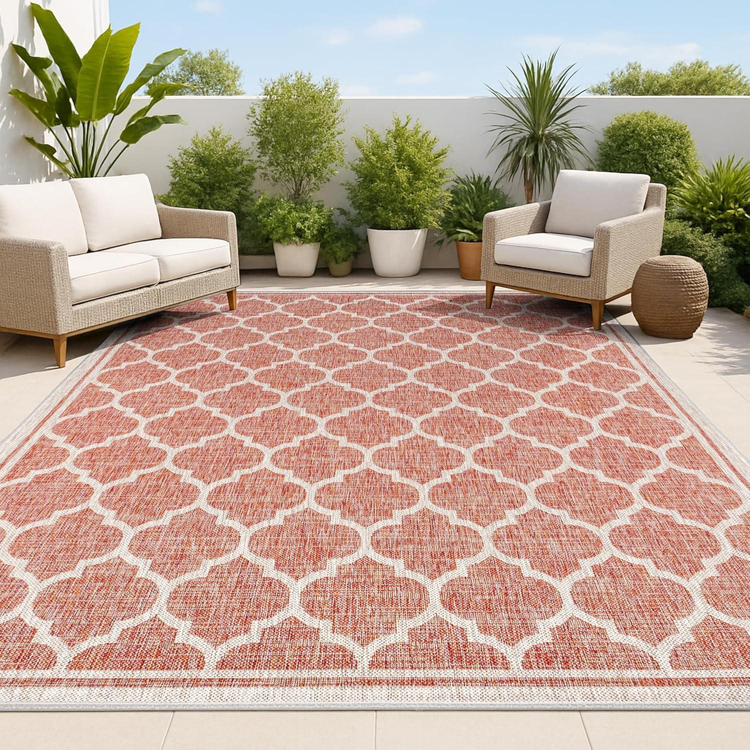 4'x6' Trebol Moroccan Trellis Textured Weave Indoor/Outdoor Area Rug, Red/Beige - JONATHAN Y