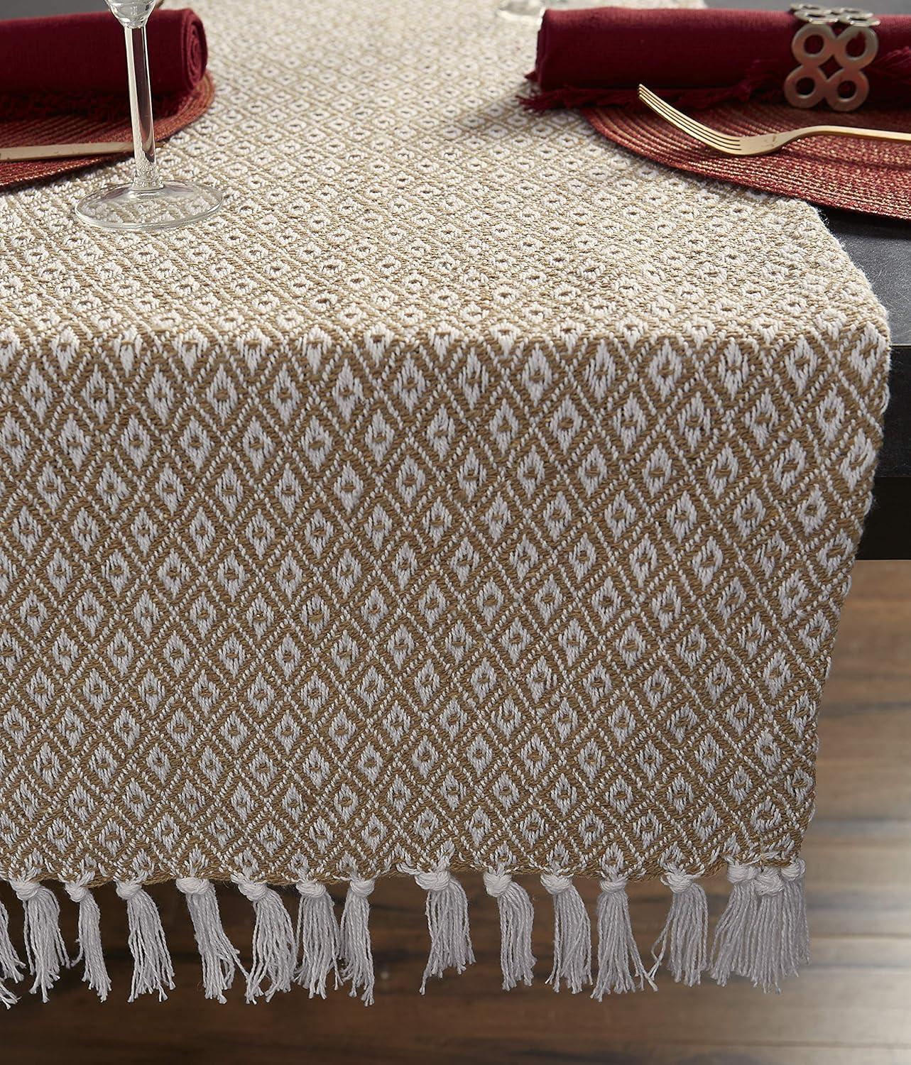Design Imports  Mini Diamond Jacquard Fringe Table Runner, Stone, 15X72"