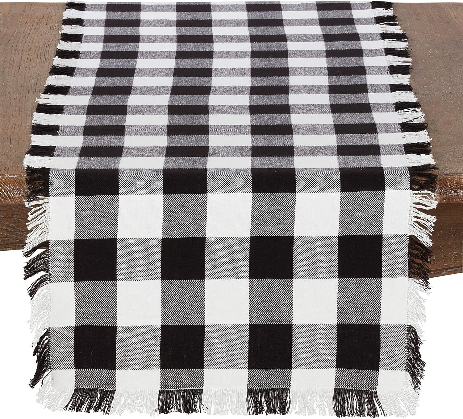 Black and White Cotton Fringed Buffalo Plaid Table Runner