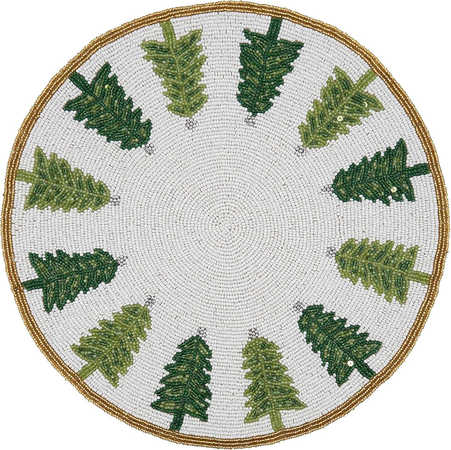 White and Green Beaded Christmas Tree Round Placemats, Set of 4