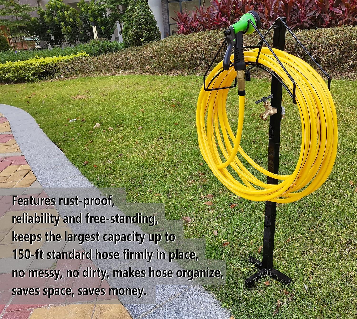 Freestanding Black Metal Garden Hose Holder with Brass Faucet