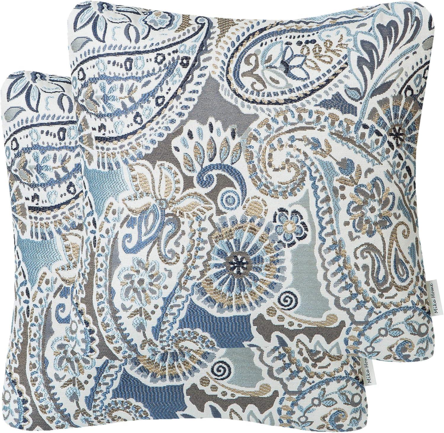 Set of 2 Blue and Brown Paisley Pattern Square Throw Pillow Covers