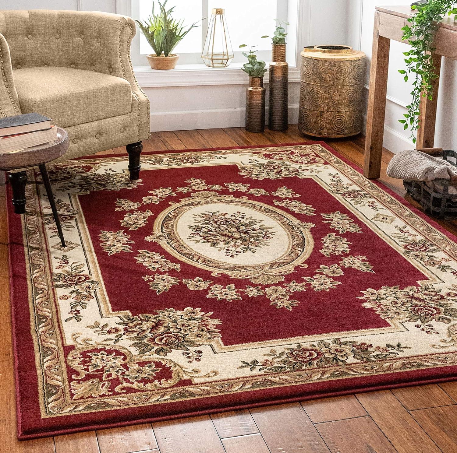 Well Woven Pastoral Medallion French European Floral Formal Traditional Modern Classic Thick Soft 5'3" x 7'3" Red Area Rug