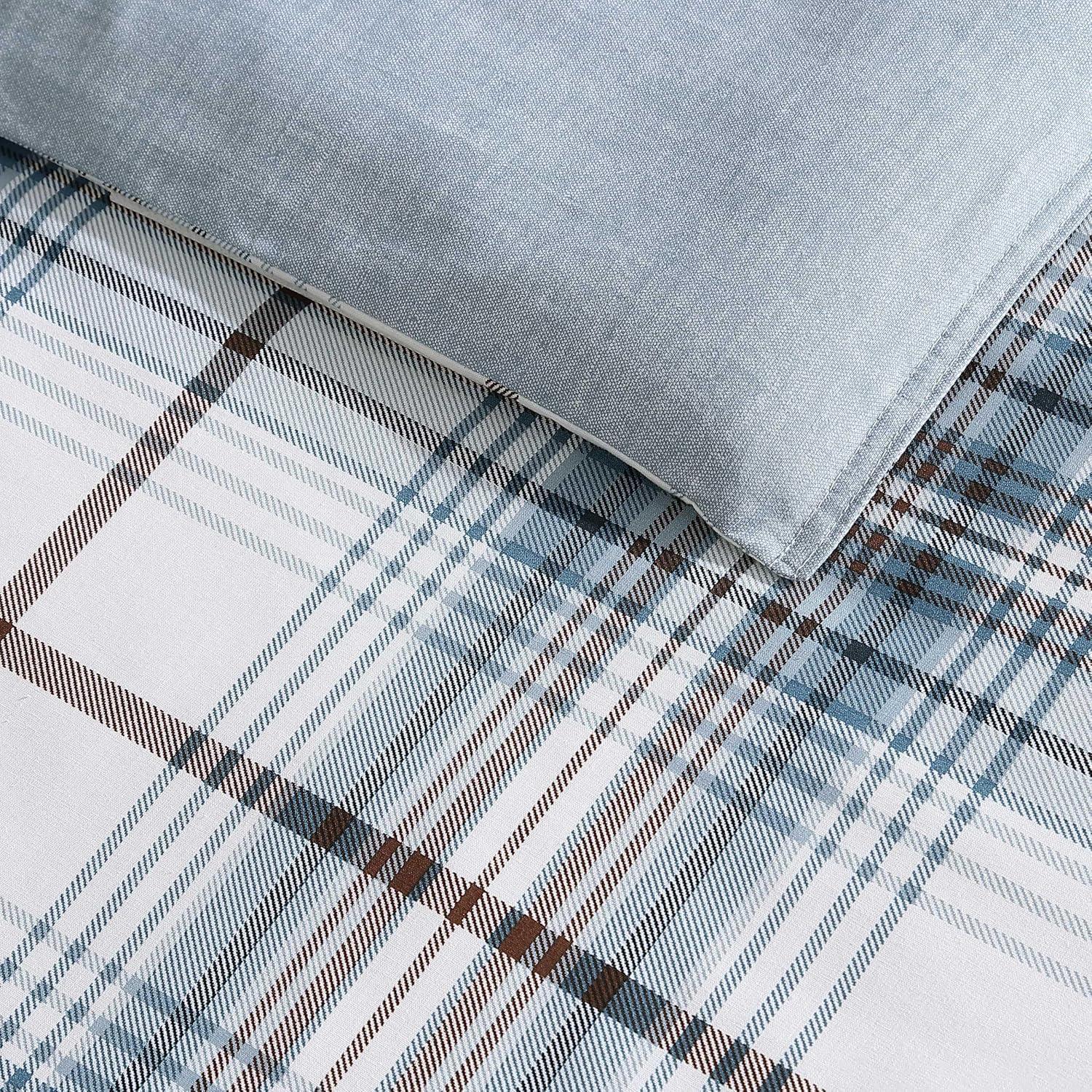 Alder Blue and Grey Plaid Cotton Twin Comforter Set