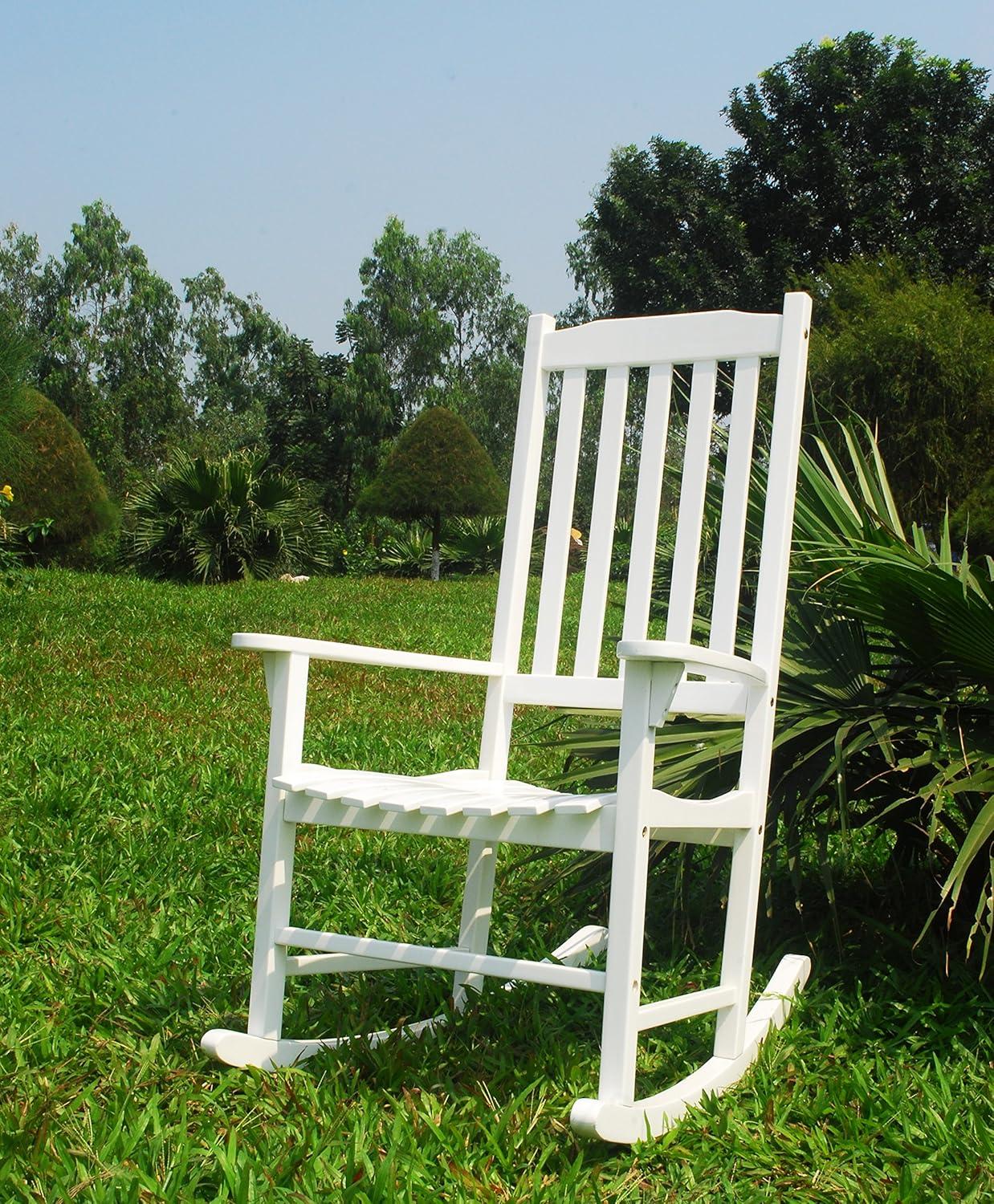 White Acacia Wood Outdoor Rocking Chair with Slatted Back