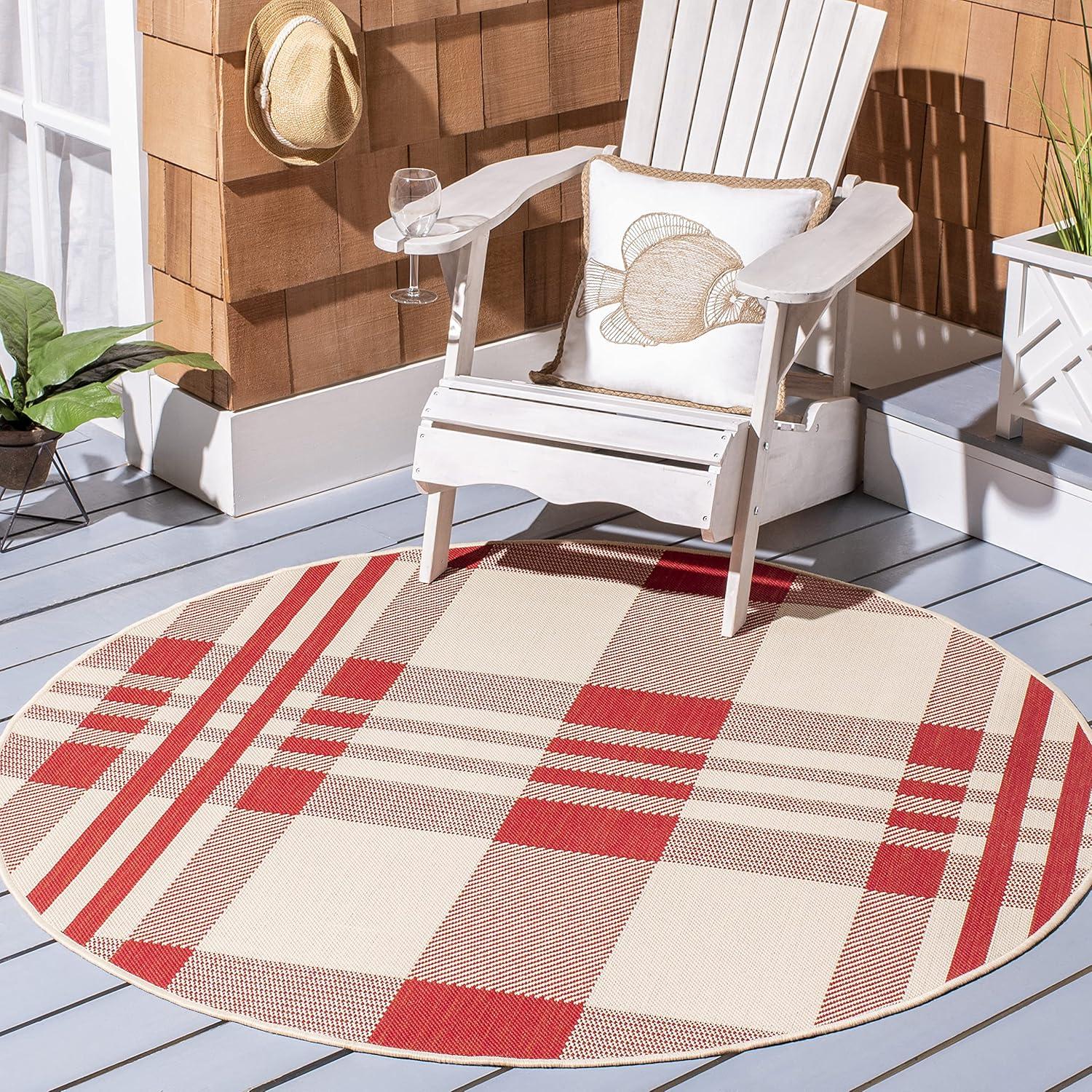 SAFAVIEH Courtyard Benjamin Plaid Indoor/Outdoor Area Rug, 7'10" x 7'10" Round, Red/Bone