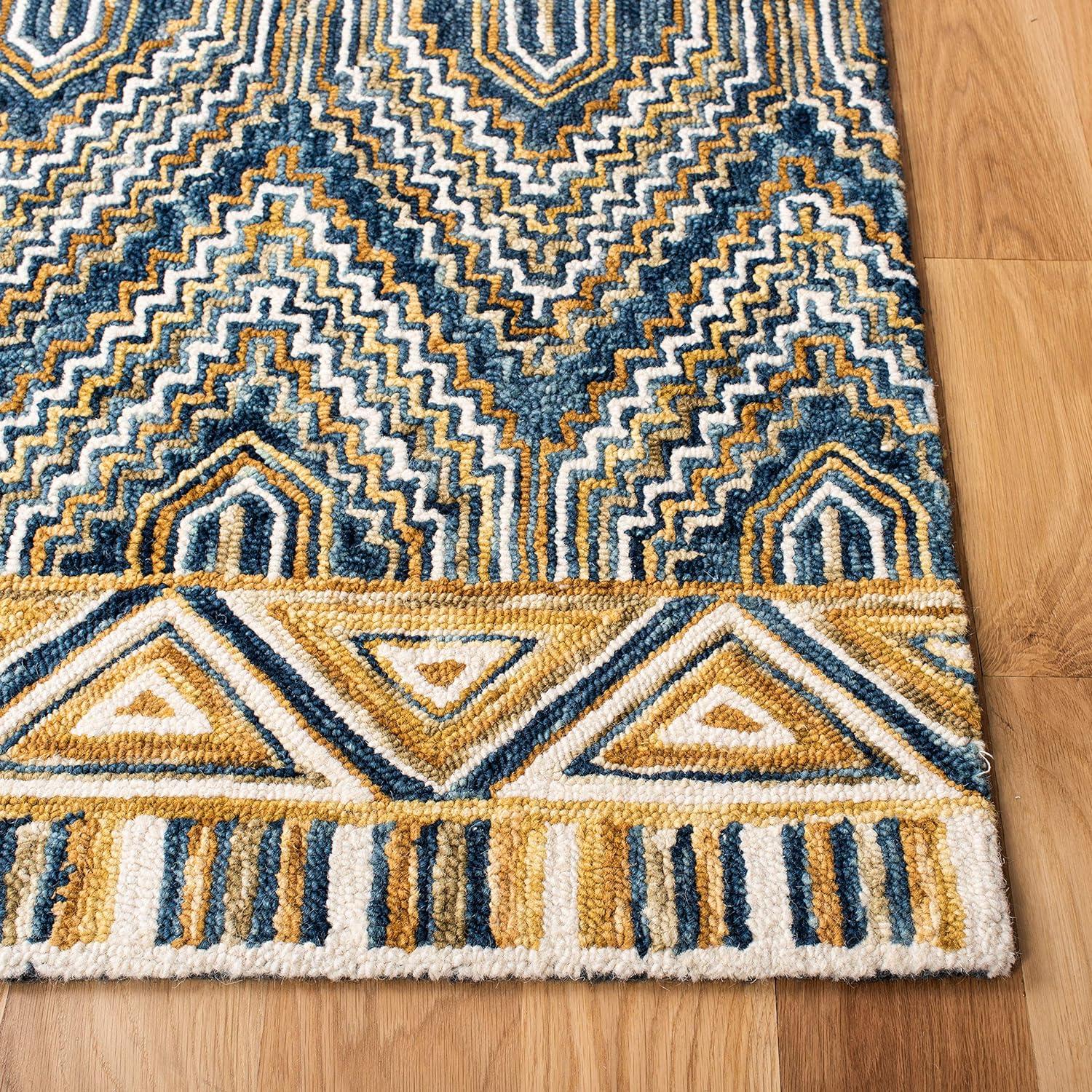 Handmade Boho Chic Blue Geometric Square Wool Rug 7'