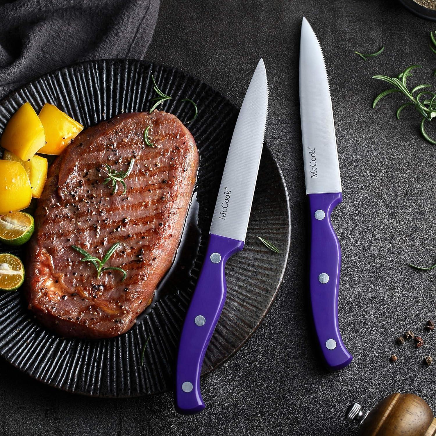 MC27 14 Pieces Stainless Steel kitchen knife set with Wooden Block, Kitchen Scissors and Built-in Sharpener, Purple