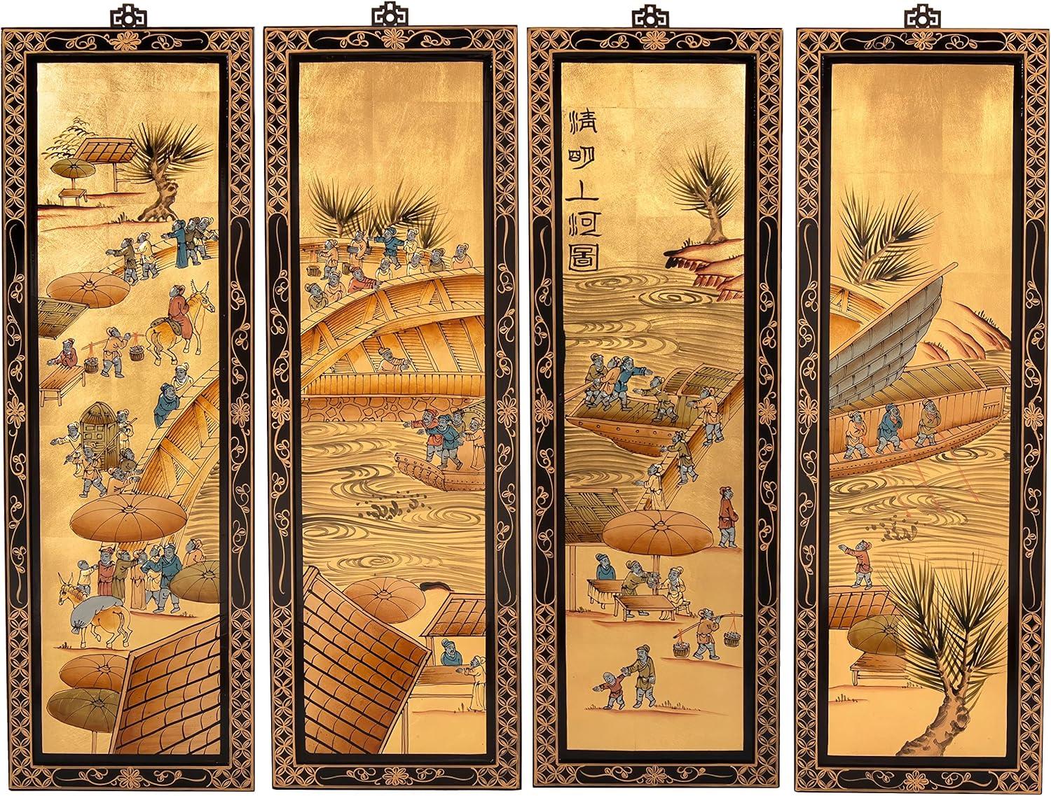 Oriental Furniture Gold Lacquer Wall Screen Ching Ming