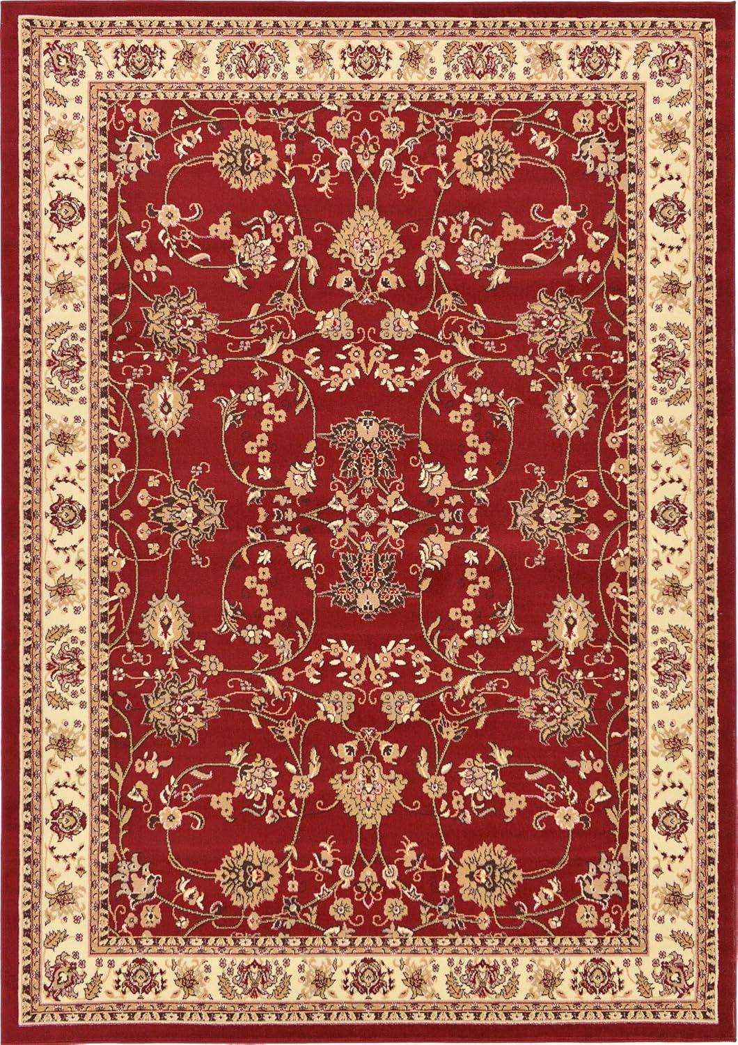 Burgundy and Ivory Synthetic Rectangular Area Rug 7' x 10'