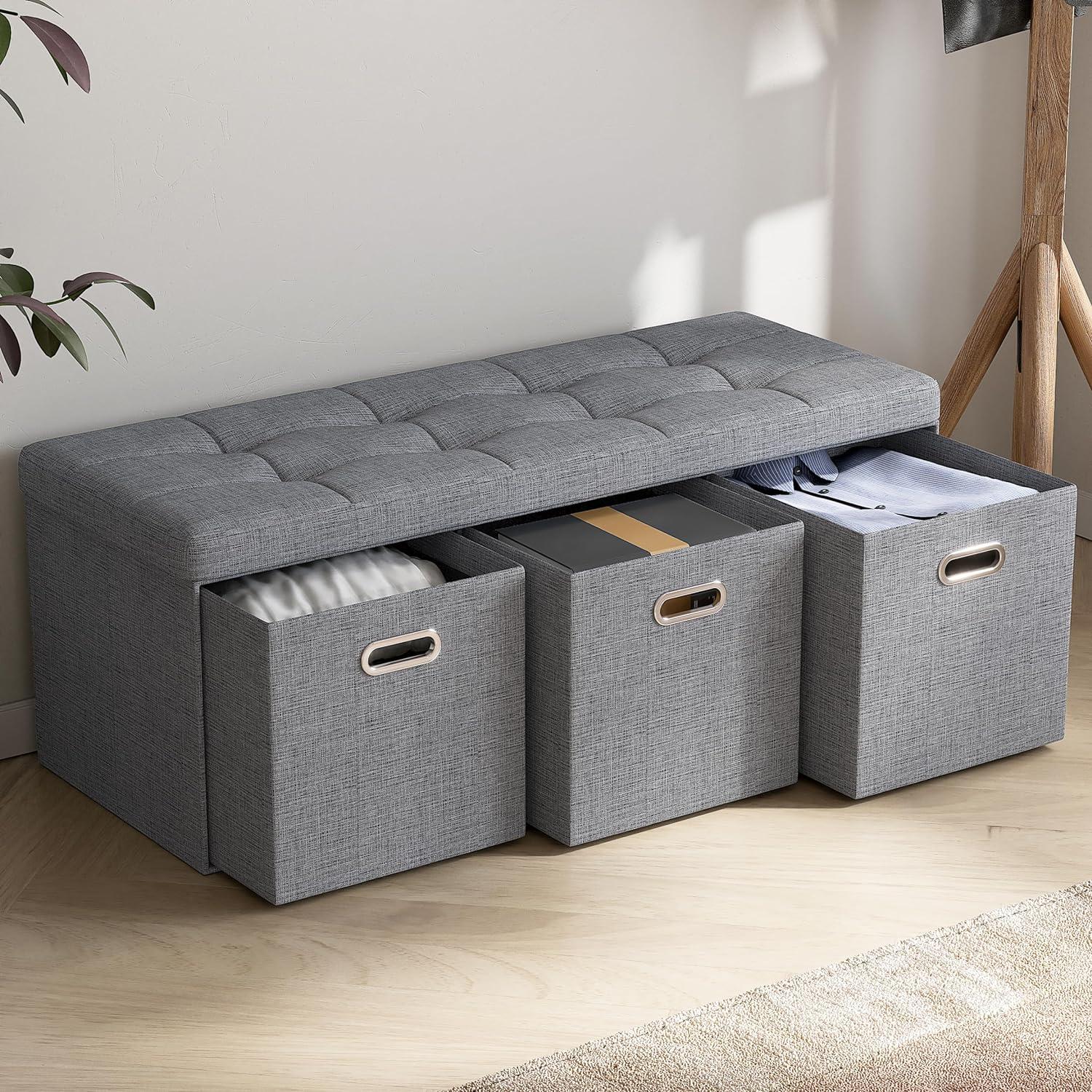 Ornavo Home Collapsible Large Storage Bench Ottoman with Drawers - 40" Inch - Charcoal Gray