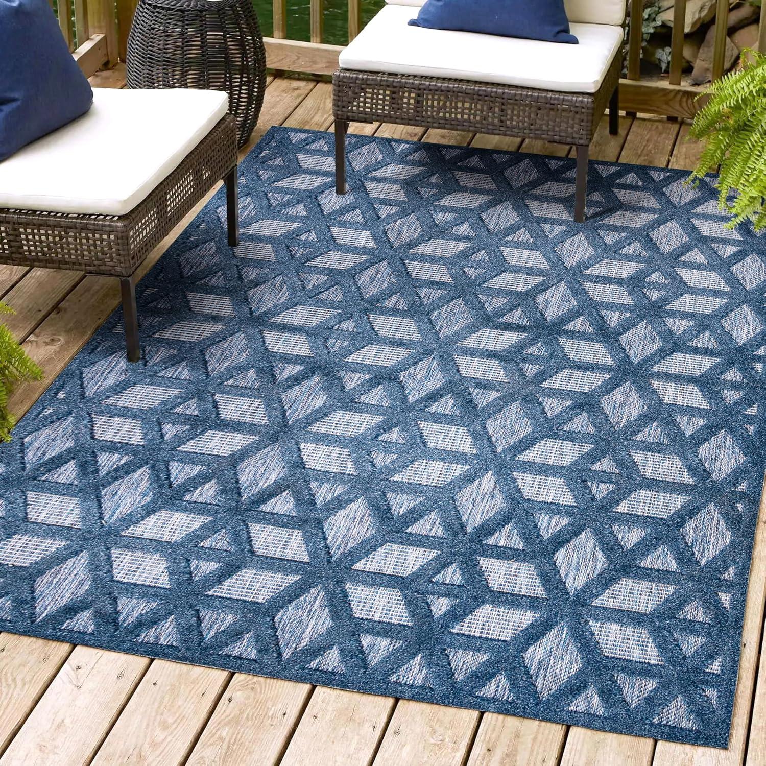8'x10' Talaia Neutral Geometric Indoor/Outdoor Area Rug, Navy - JONATHAN Y