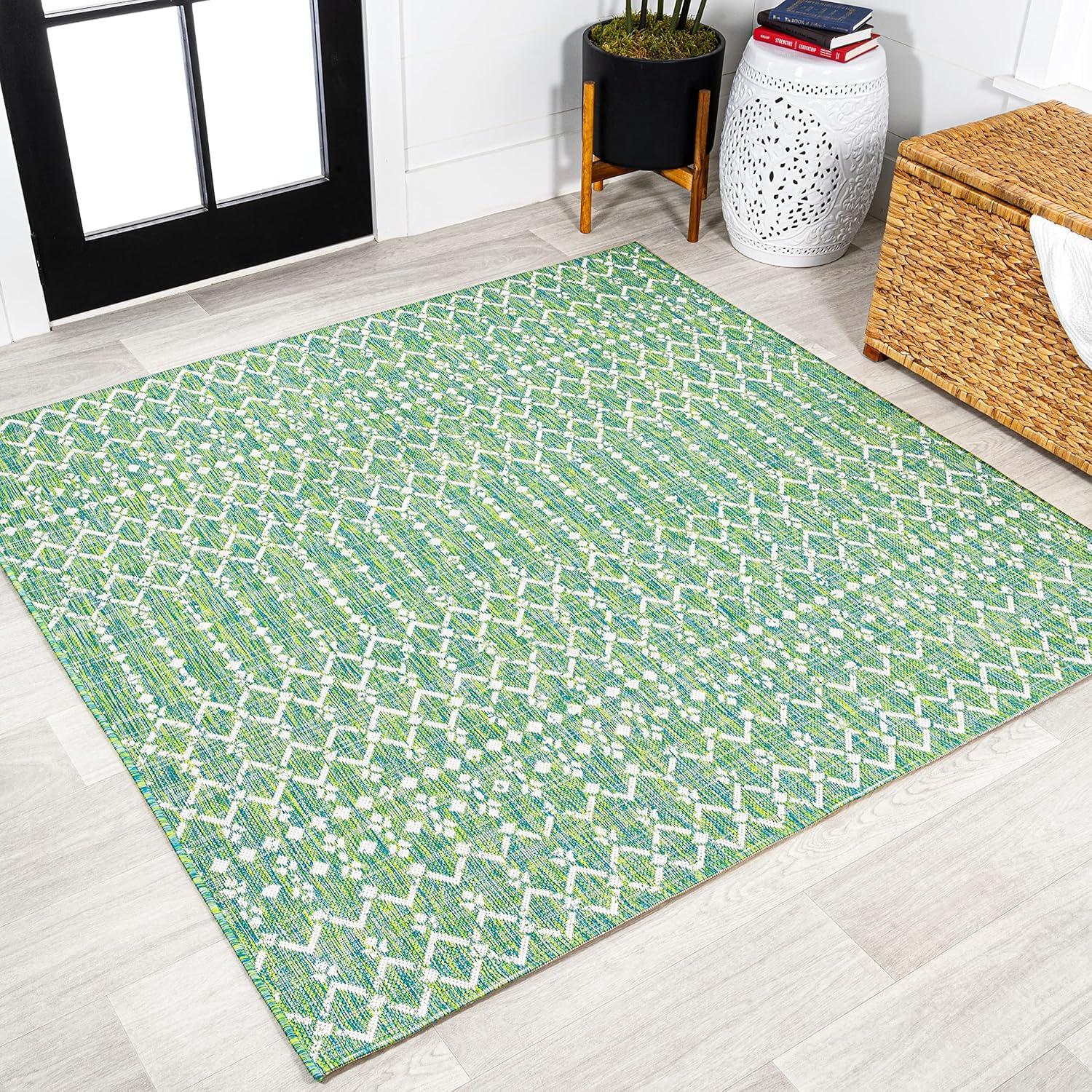 5' x 5' Ourika Moroccan Geometric Textured Weave Indoor/Outdoor Area Rug, Ivory/Green - JONATHAN Y