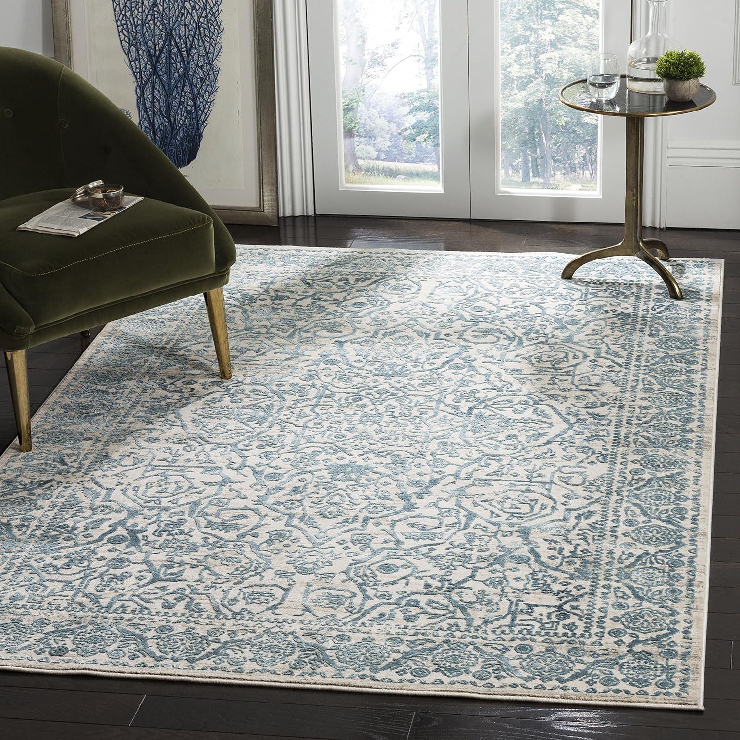 Blue and Beige Floral Motif High Pile Area Rug