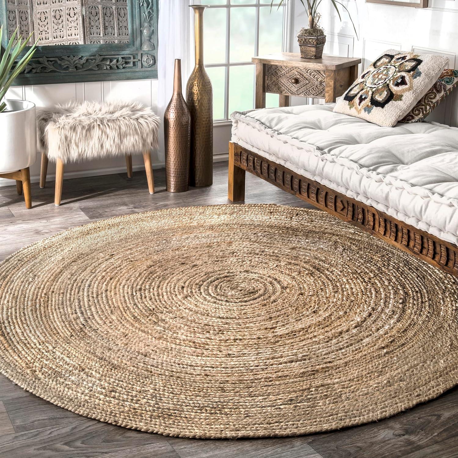 Nuloom 4 Round Rigo Jute Hand Woven Indoor Area Rug, Natural, Solid Farmhouse Design, Natural Fiber Bedroom, Living Room, Kitchen,