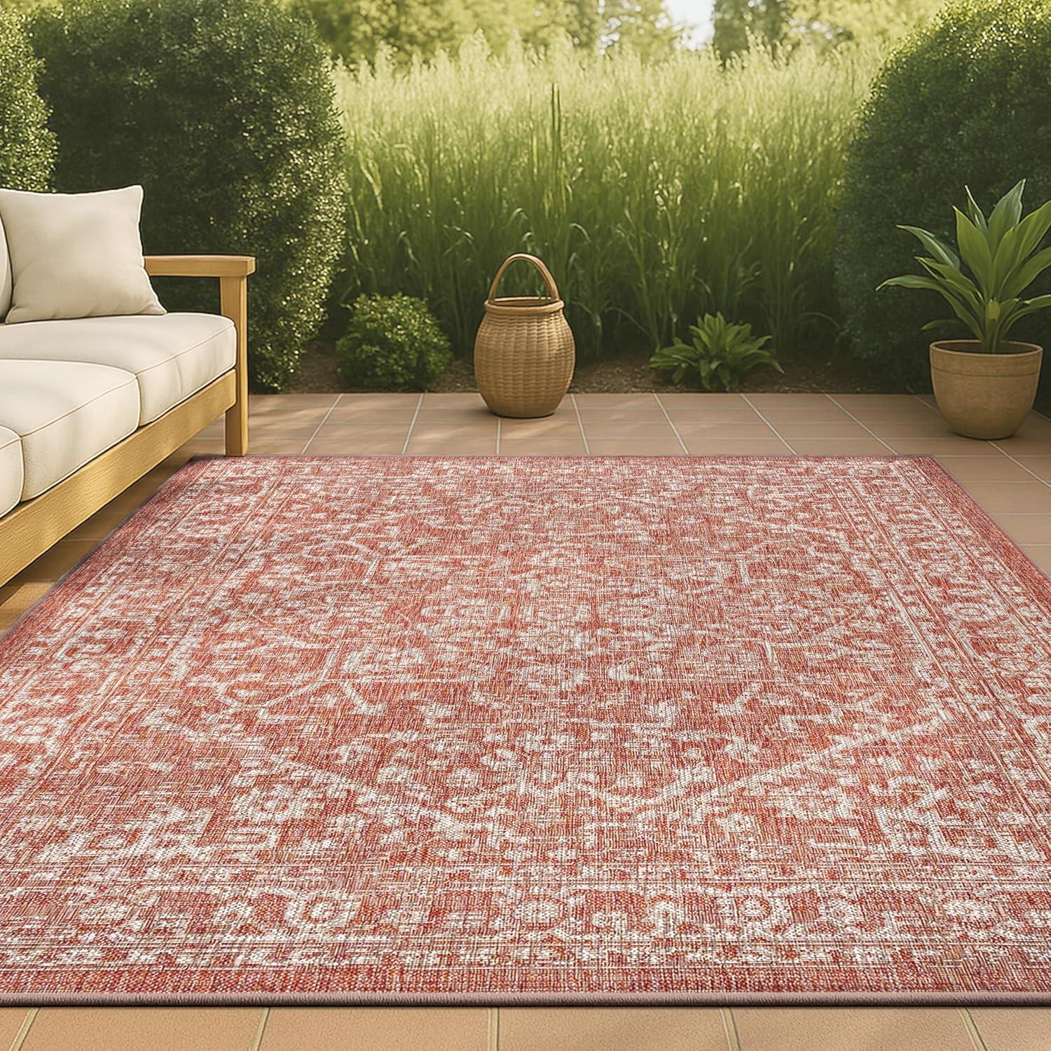 5'x8' Malta Bohemian Medallion Textured Weave Indoor/Outdoor Area Rug, Red/Taupe - JONATHAN Y