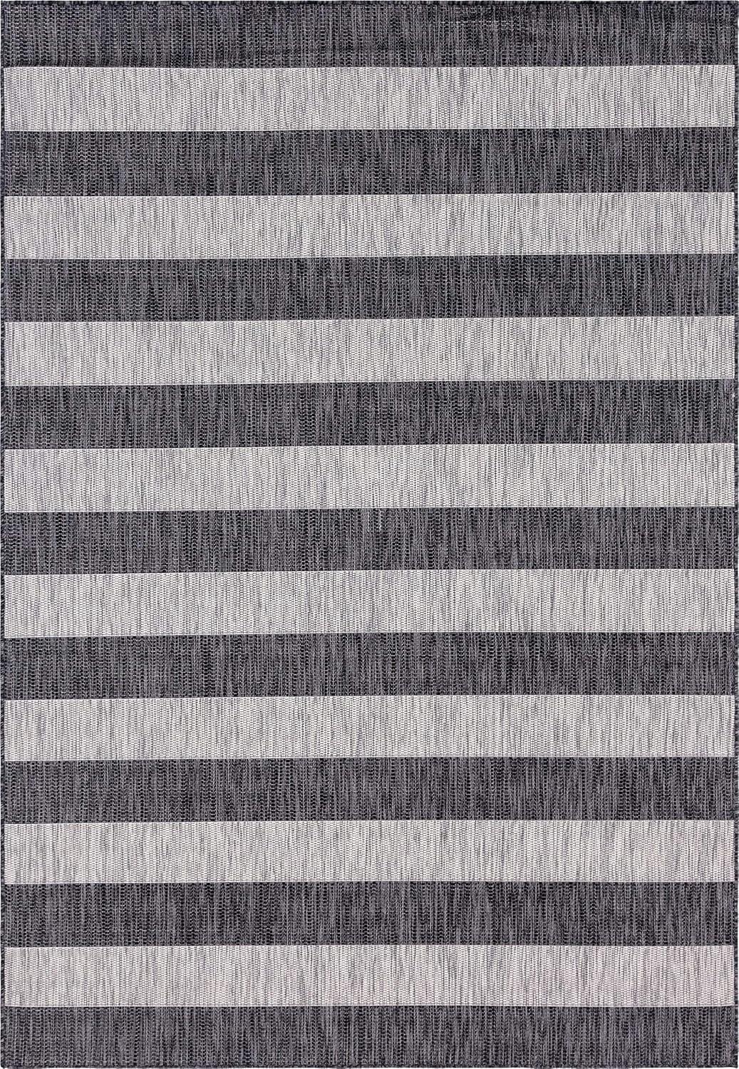 Unique Loom Outdoor Striped Collection Area Rug - Distressed Stripe (7' 1" x 10' Rectangle Charcoal Gray/Ivory)