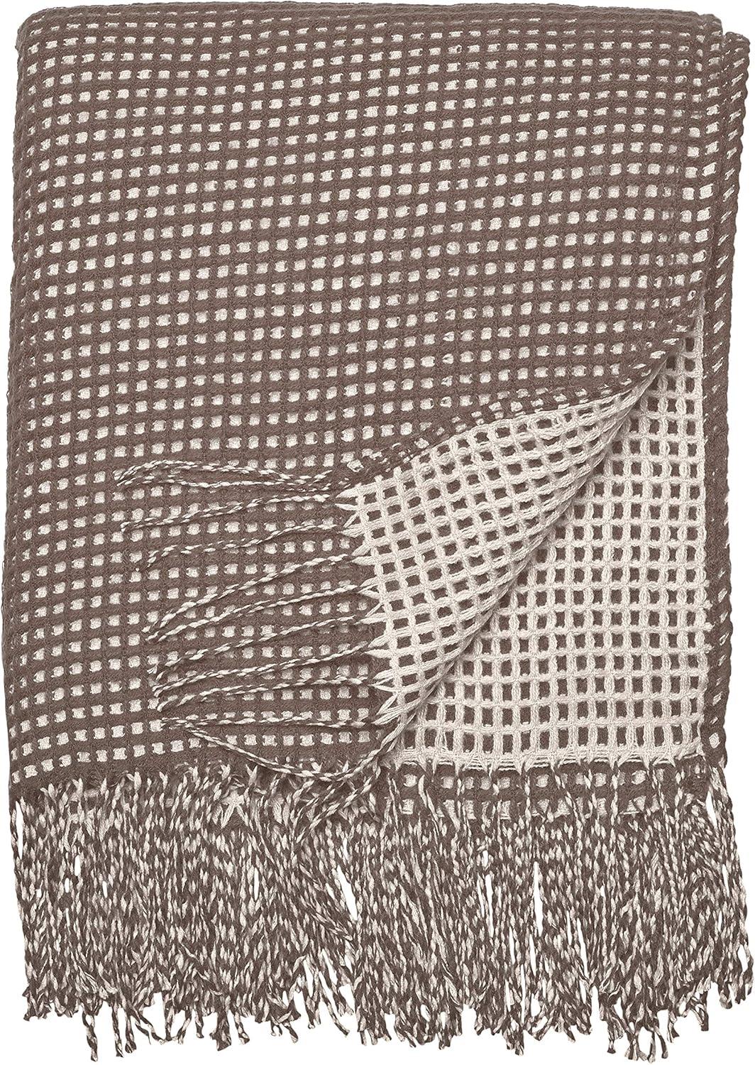 Dark Taupe Knitted Reversible Throw Blanket with Fringe