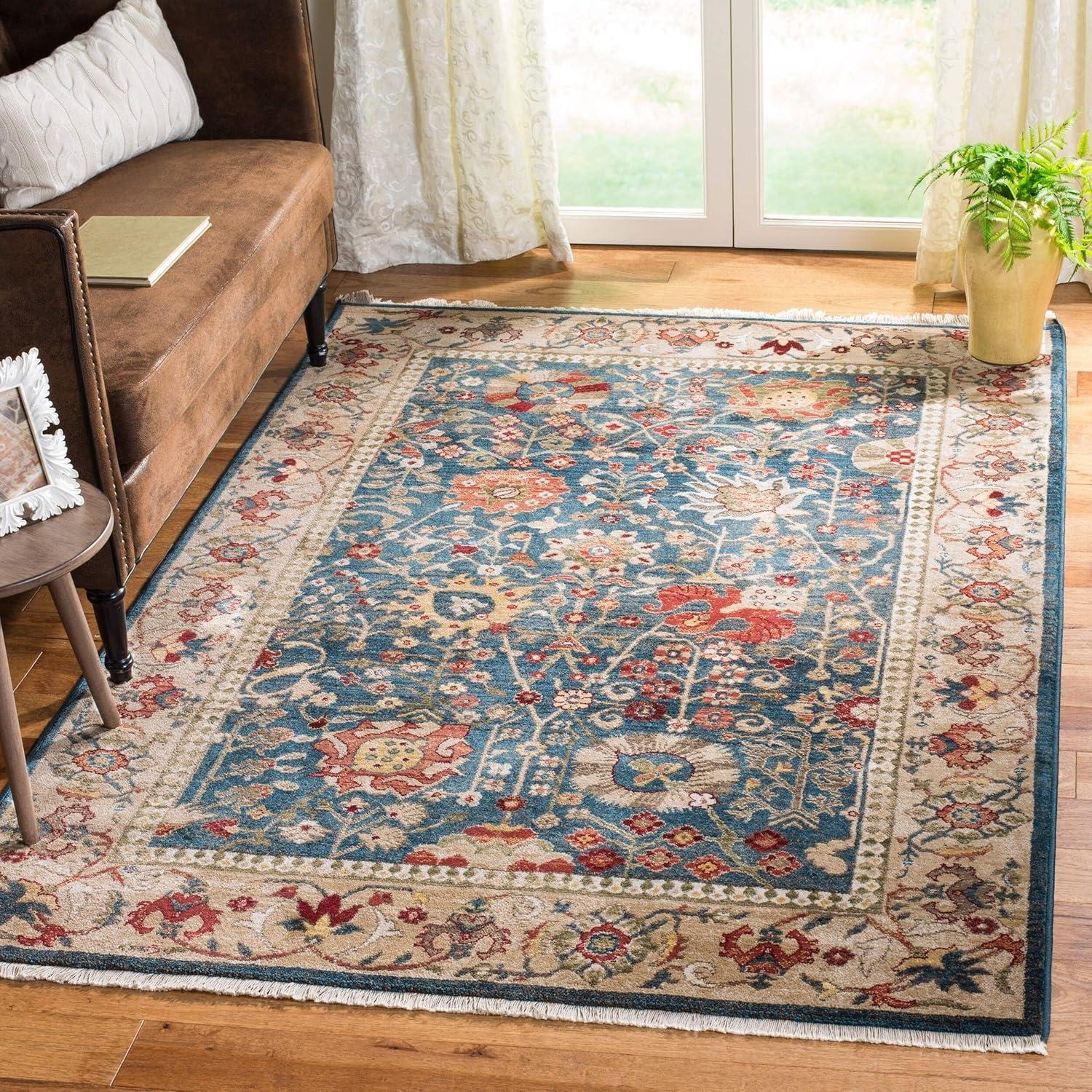 Handmade Floral Blue & Tan Synthetic Rectangular Area Rug