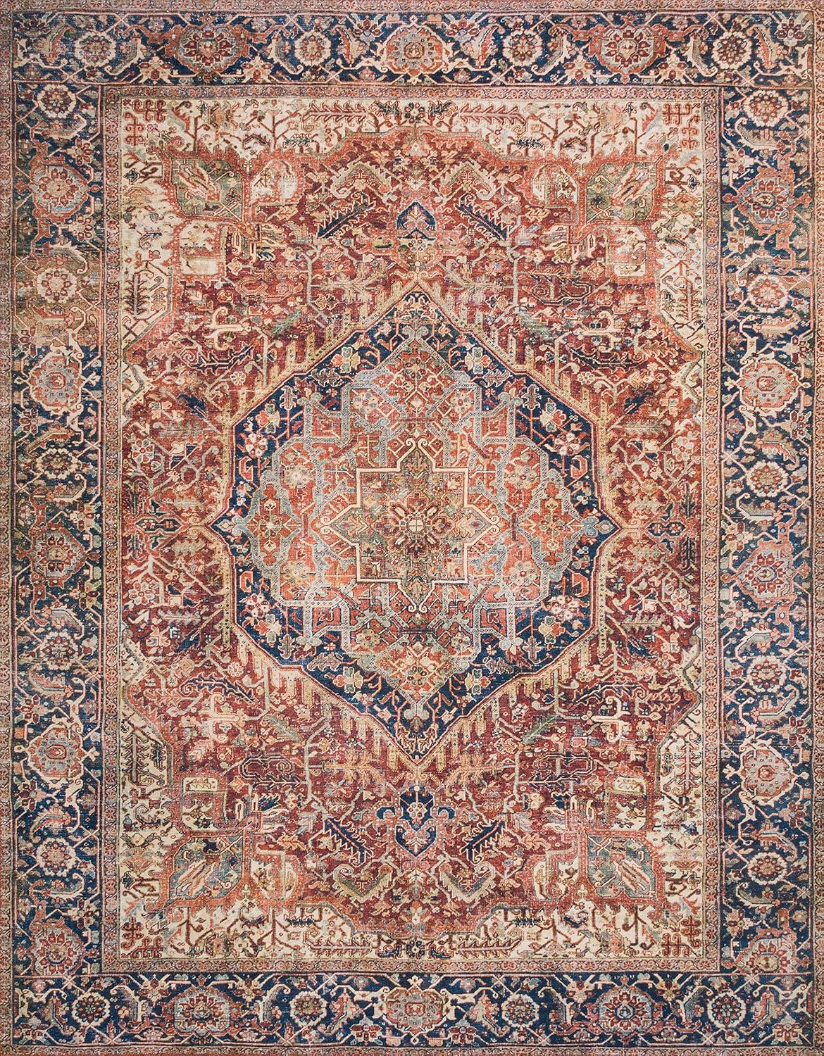 Loloi II Layla Collection, LAY-08 Red/Navy 7'-6" x 9'-6" .13" Thick, Area Rug, Soft, Durable, Vintage Inspired, Distressed, Low Pile, Non-Shedding, Easy Clean, Printed, Living Room Rug