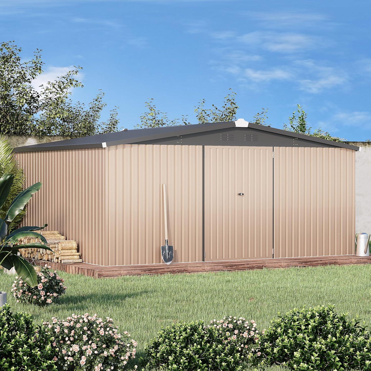 Taupe Large Metal Outdoor Storage Shed with Lockable Doors