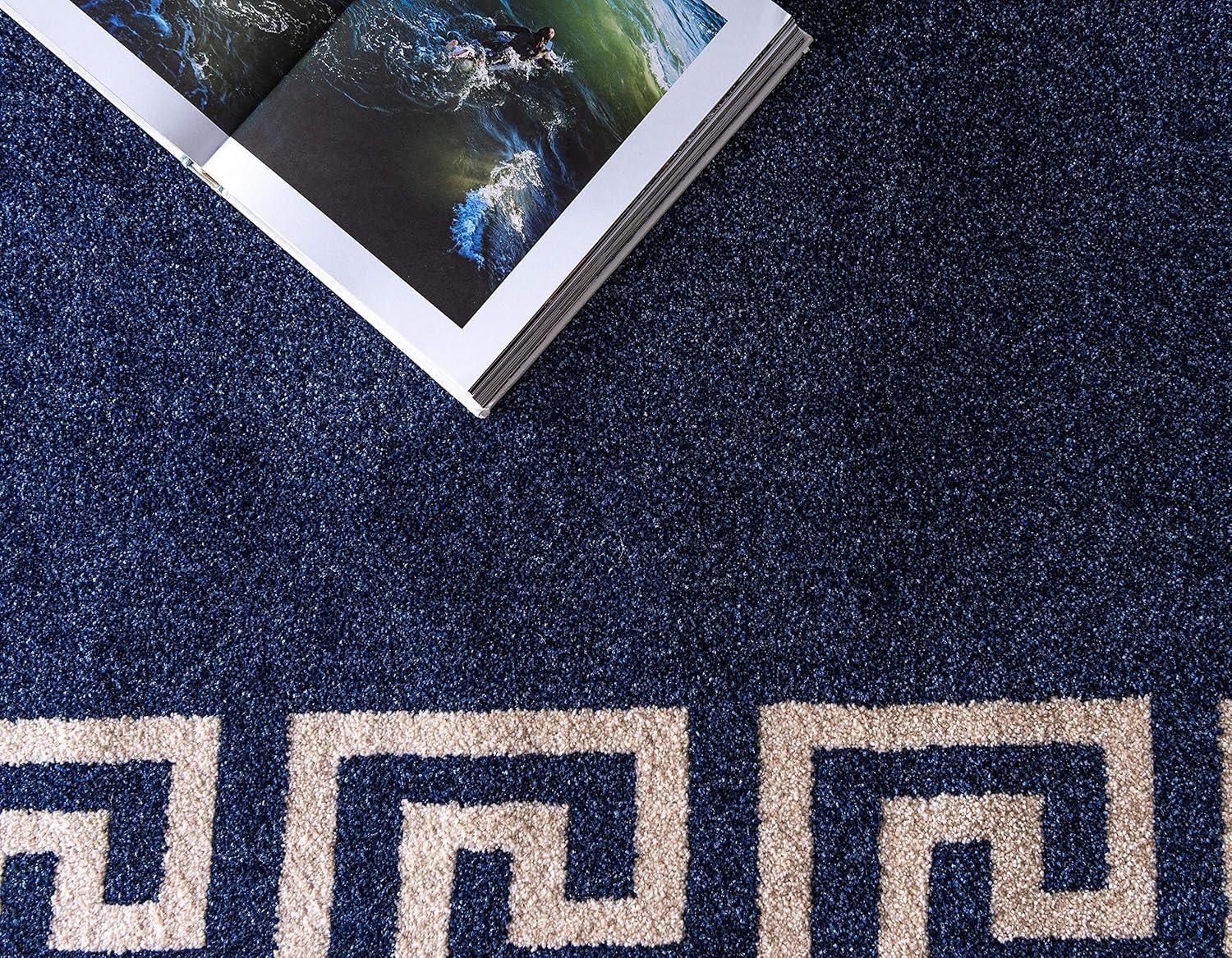 Navy Blue Geometric Border Rectangular Synthetic Rug