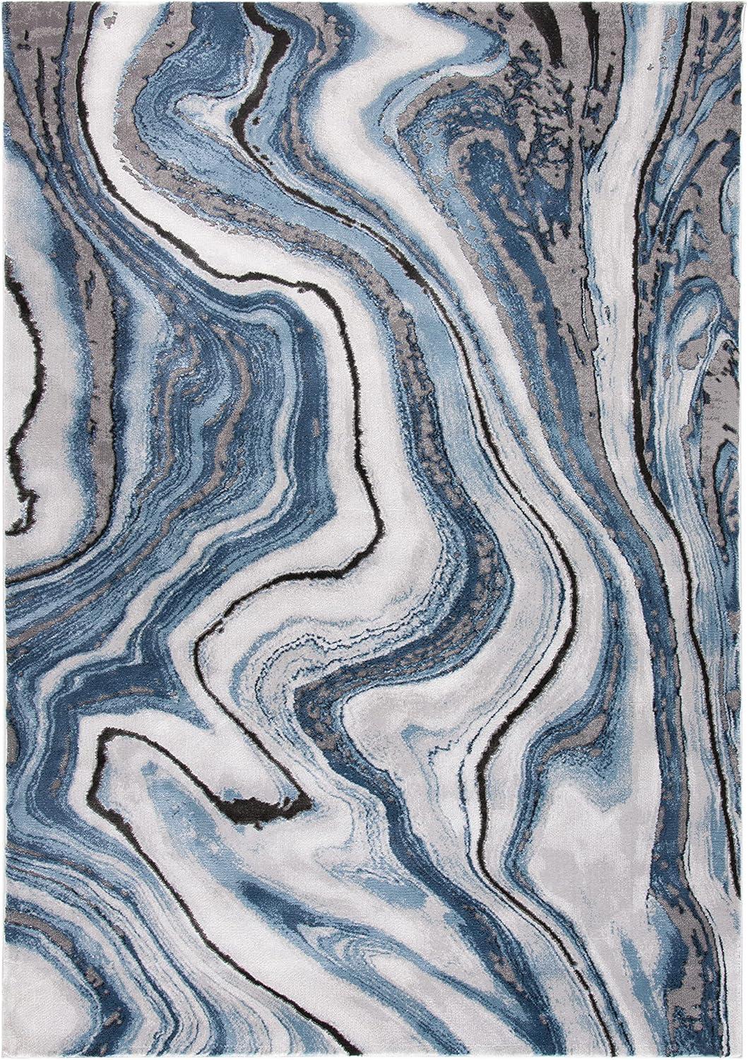 Blue & Grey Abstract Synthetic 4' x 6' Hand-Knotted Rug