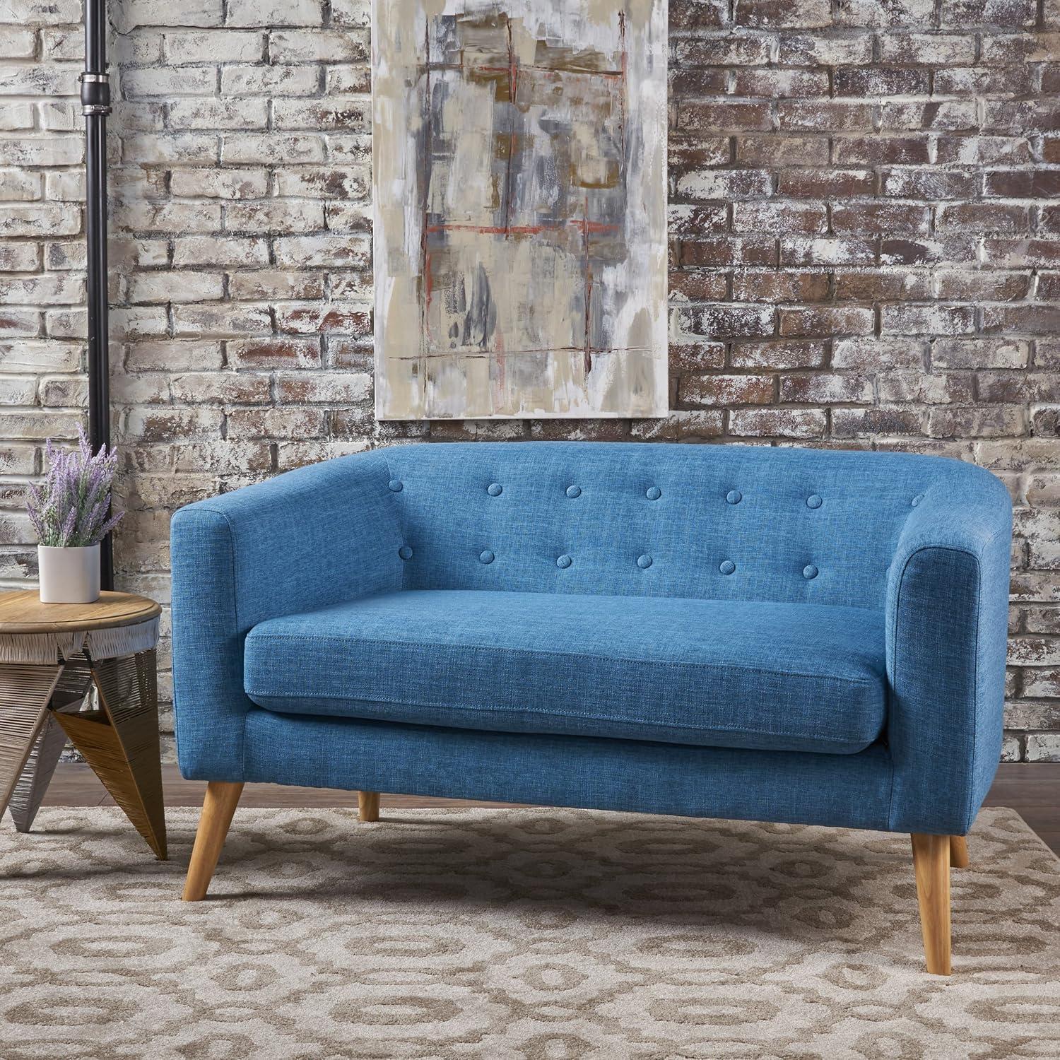 Muted Blue Tufted Fabric Loveseat with Rubberwood Legs