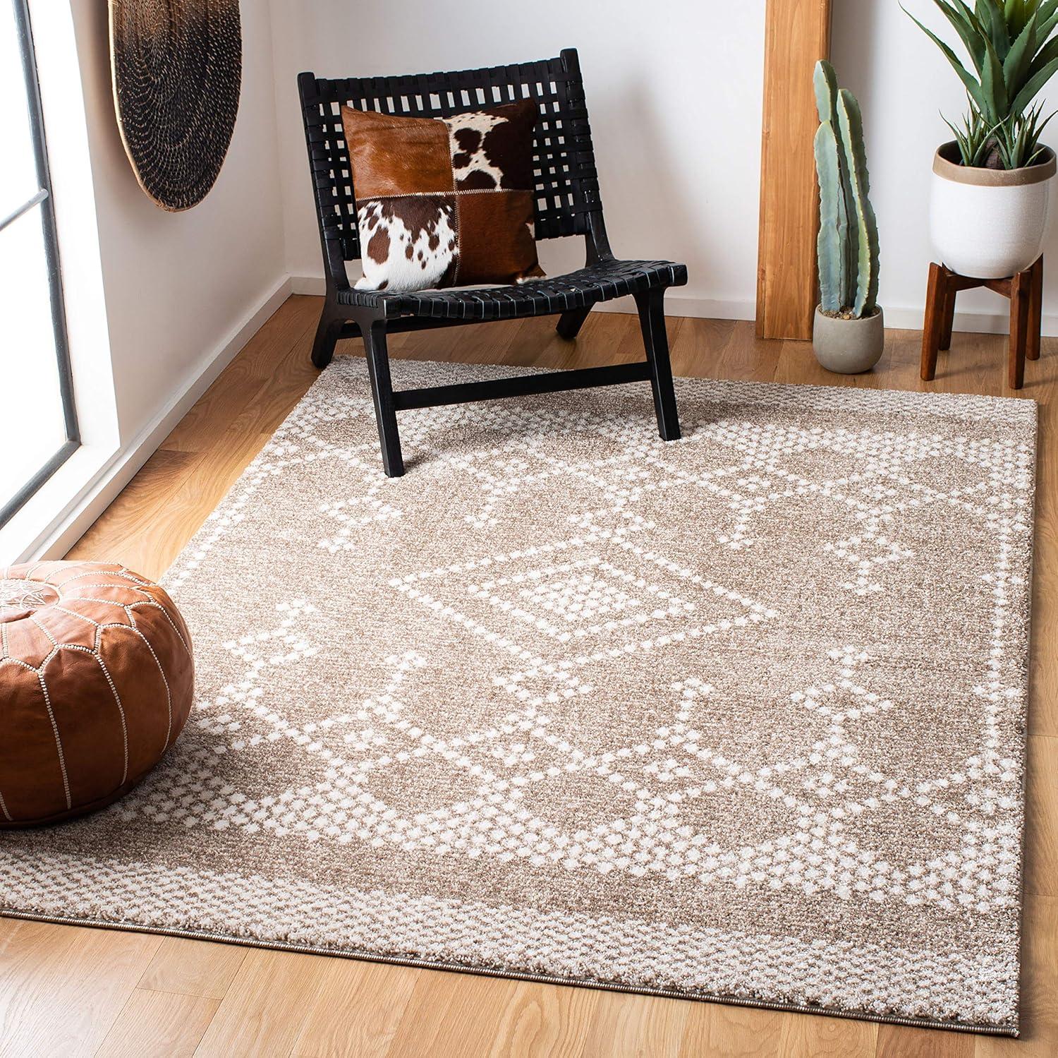 Ivory and Tan Geometric Square Synthetic Area Rug