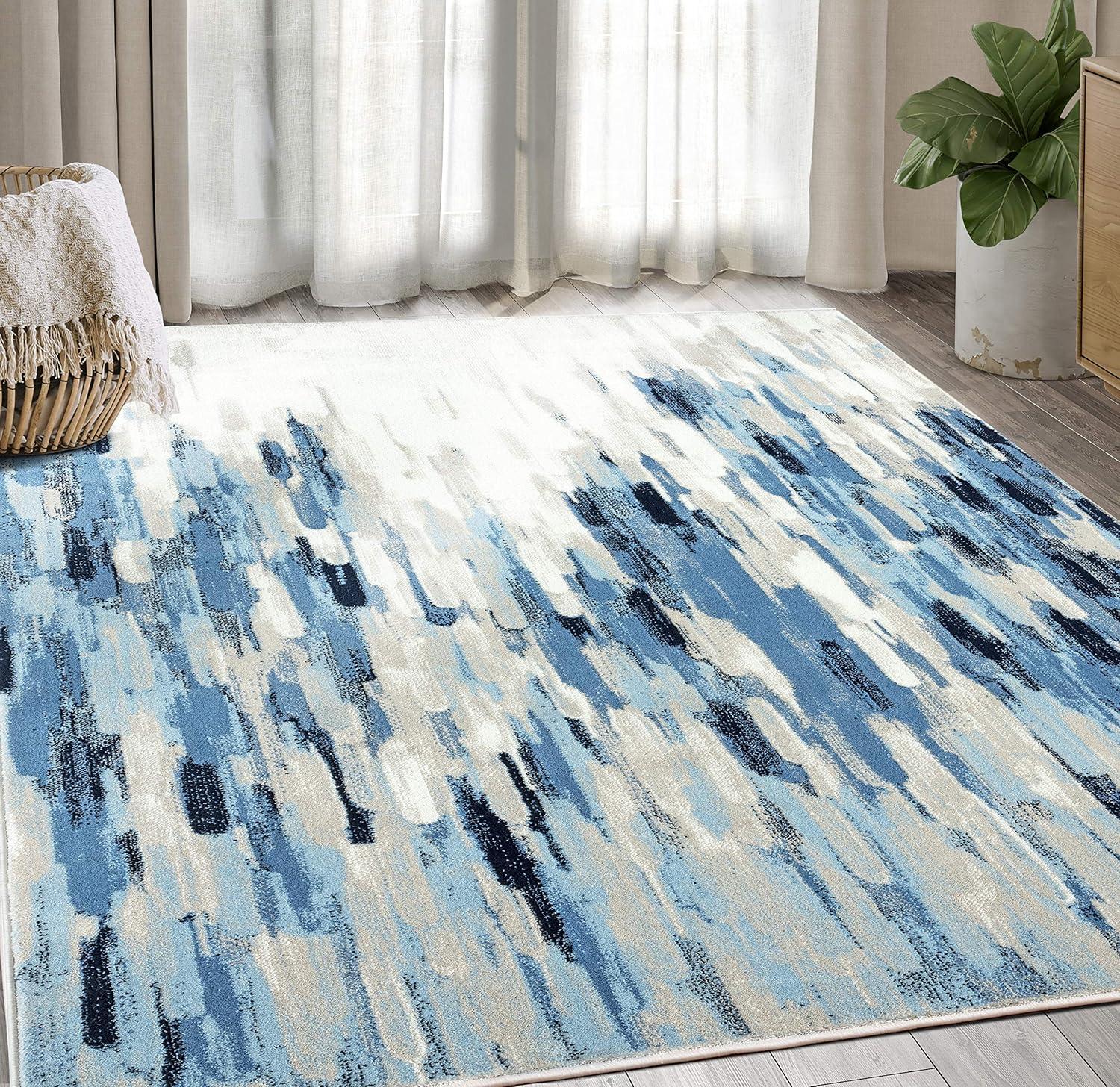 Blue and Beige Abstract Rectangular Synthetic Area Rug