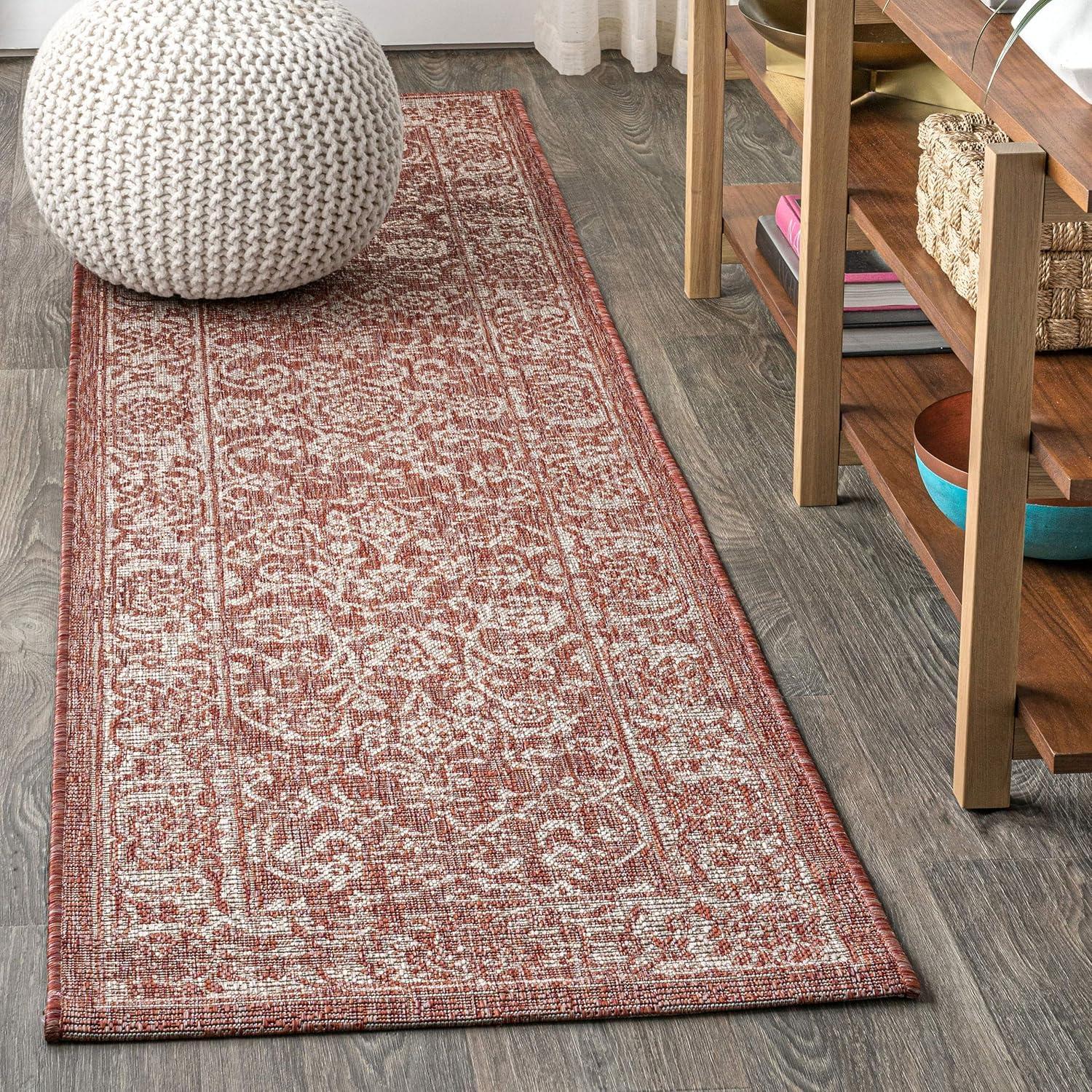 8'x10' Tela Bohemian Textured Weave Floral Indoor/Outdoor Area Rug, Red/Taupe - JONATHAN Y