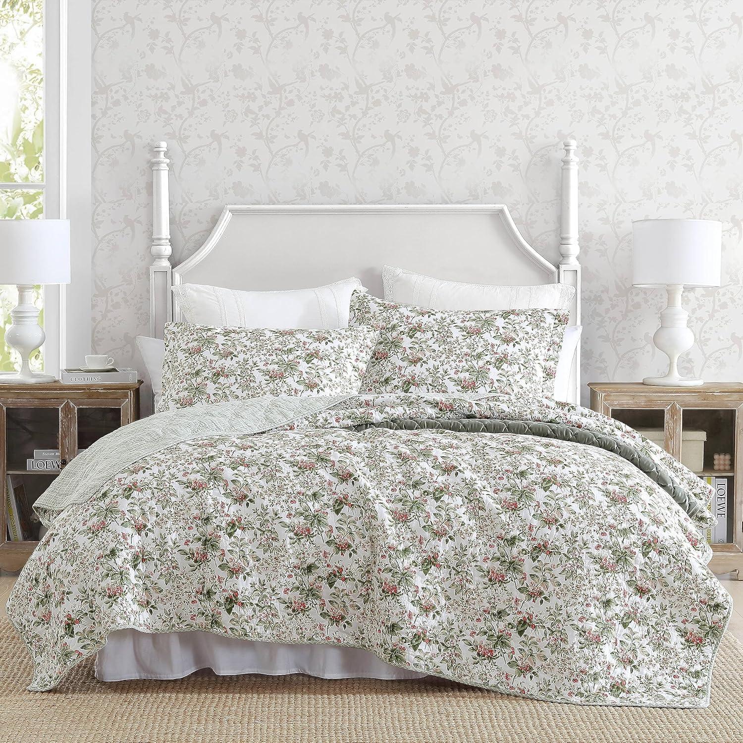 Laura Ashley Bramble Floral Cotton Reversible Green Quilt Set