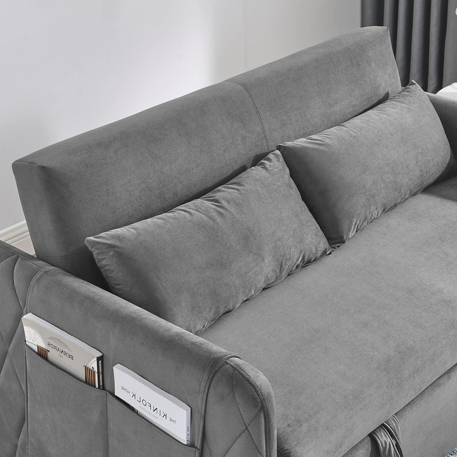 55" Convertible Sofa Bed with 2 Detachable Arm Pockets, Velvet Loveseat Sofa with Pull Out Bed and 2 Pillows, Modern Sleeper Sofa with Adjustable Backrest, Grid Design Armrests for Living Room, Grey