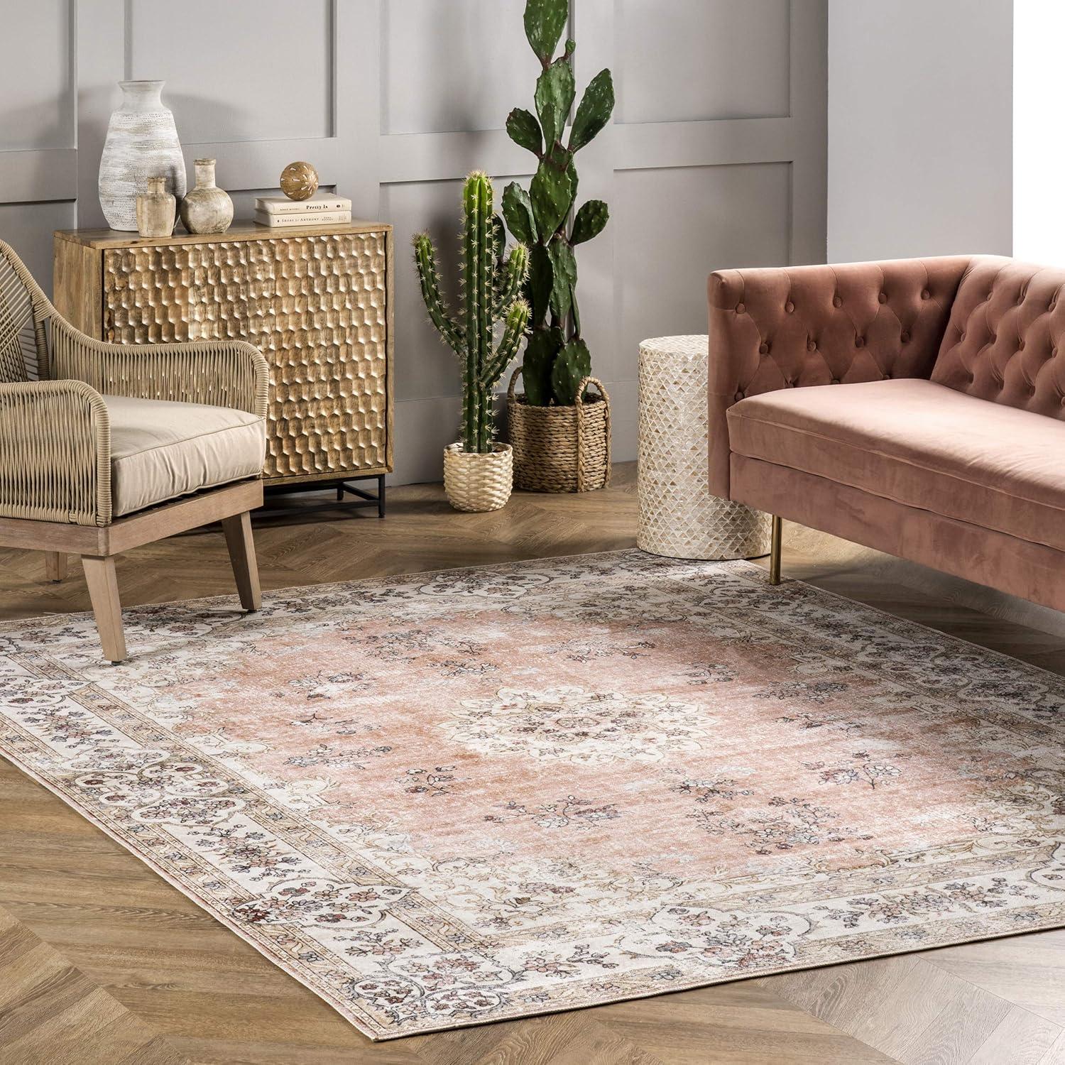 Nuloom Ren Medallion 6 Square Machine Washable Indoor Area Rug for Living Room Bedroom Dining Room Kitchen, Peach/Ivory