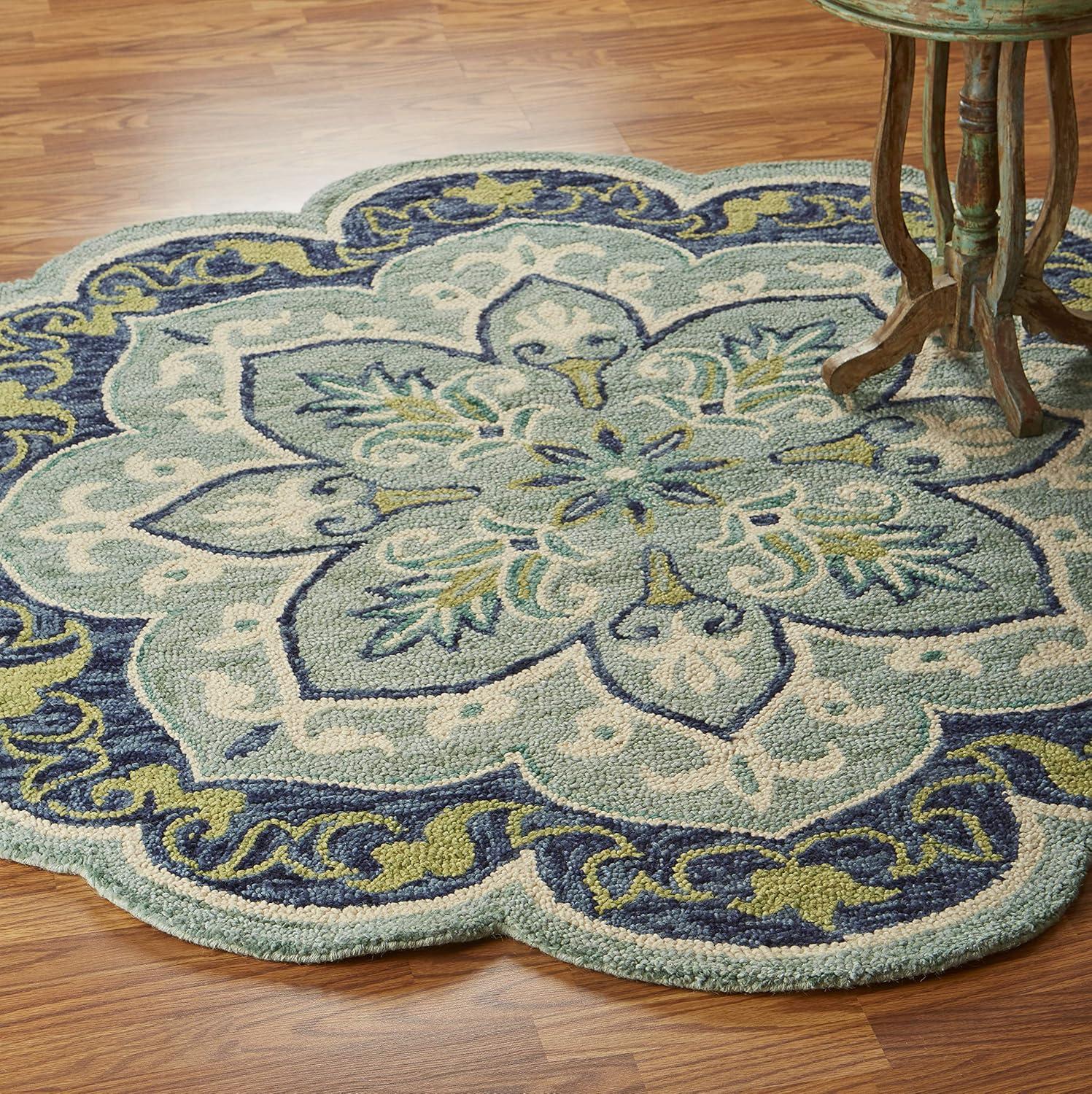 Handmade Round Blue Floral Tufted Wool Area Rug, 48" Diameter