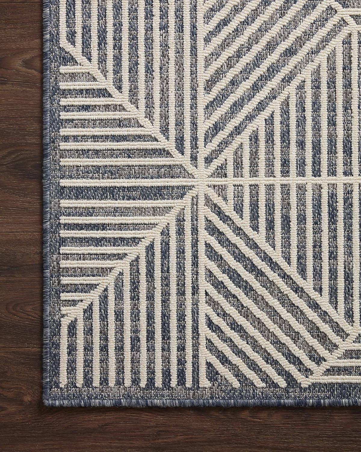 Handmade Denim & Ivory Geometric Outdoor Rug - 27" x 91"