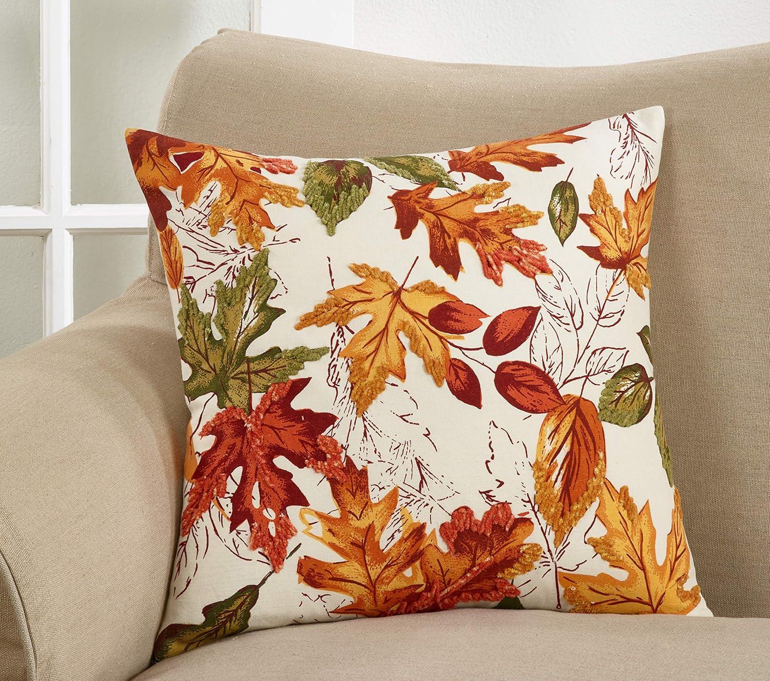 Autumn Leaves Embroidered Cotton Throw Pillow Cover