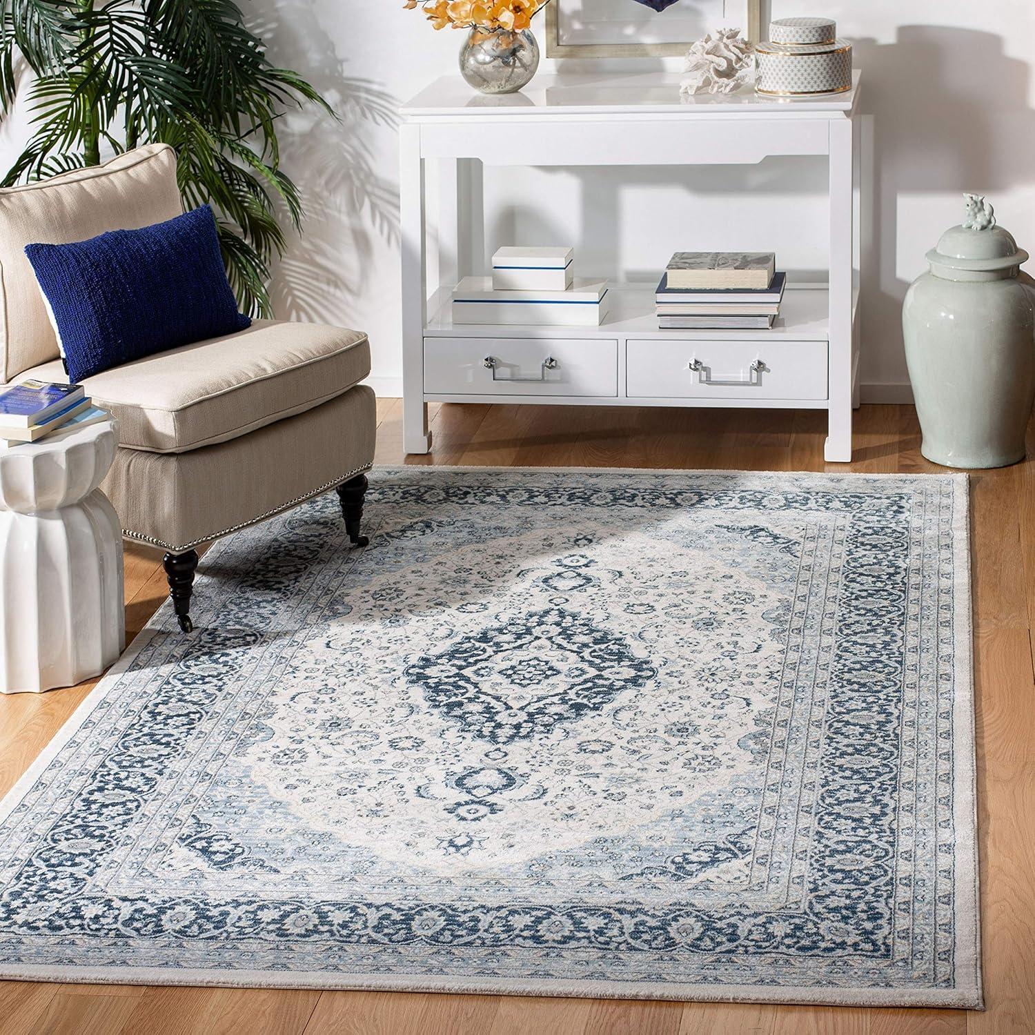 Isabella ISA919 Power Loomed Area Rug - Cream/Dark Blue - 6'7"x6'7" - Safavieh