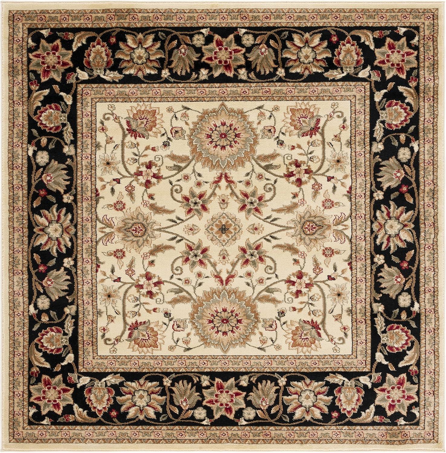 Elegant Ivory & Black Floral 8' Square Synthetic Area Rug