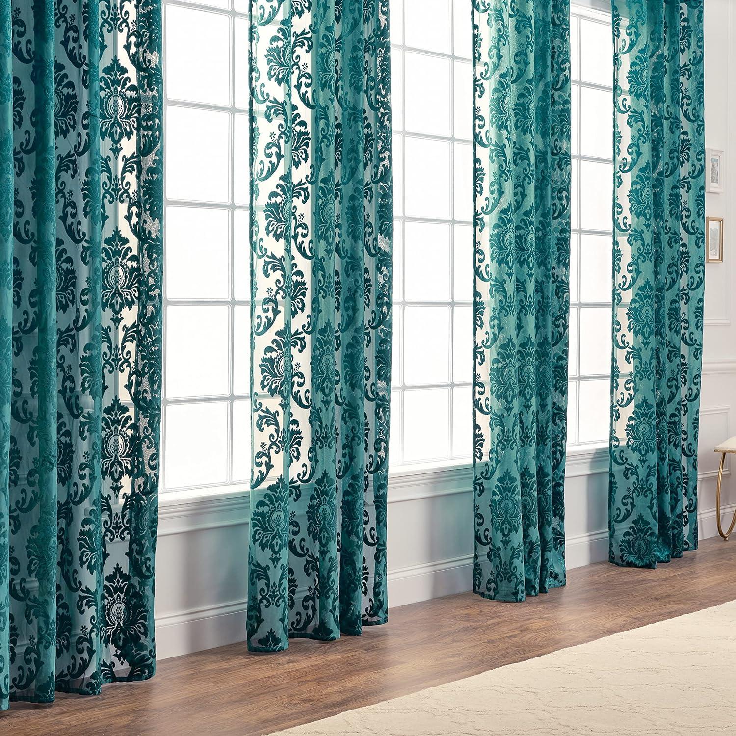 Chanasya 2pk Devore Damask Sheer Grommet Window Curtain Panels - Set of 2 - 52 x 63 Inches Long - Teal