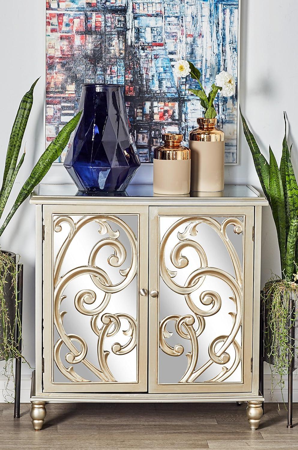 DecMode 31" x 30" Champagne Wood Intricately Carved 1 Shelf and 2 Doors Scroll Cabinet with Mirrored Front, 1-Piece