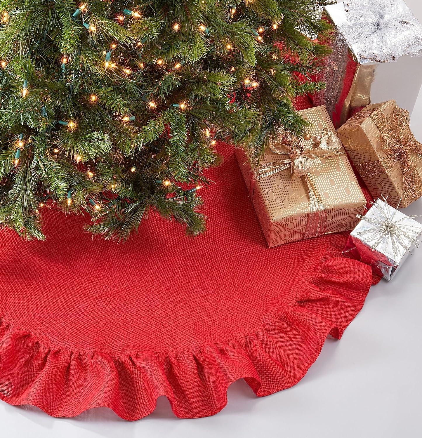 Saro Lifestyle Saro Lifestyle Jute Christmas Tree Skirt With Ruffled Design, Red, 53"